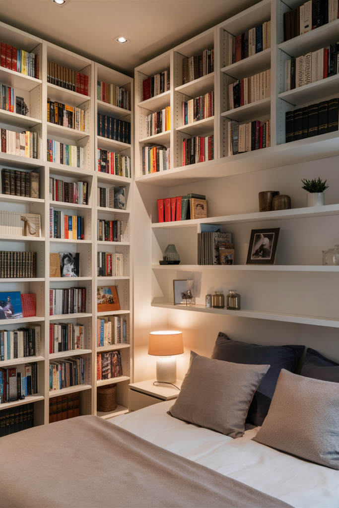 Tastefully designed modern bedroom utilizing vertical wall space