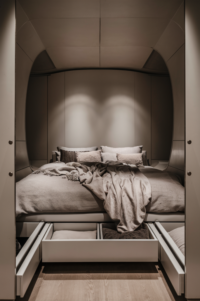 Stunningly chic and minimalist modern bedroom with under-bed storage