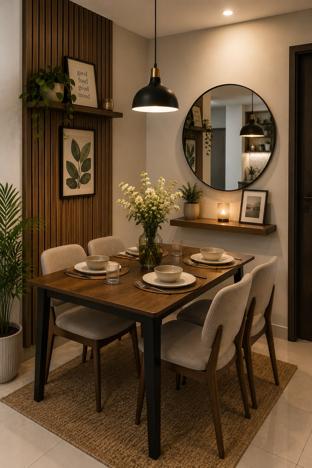 Round dining table with slim armless upholstered chairs and candlelight