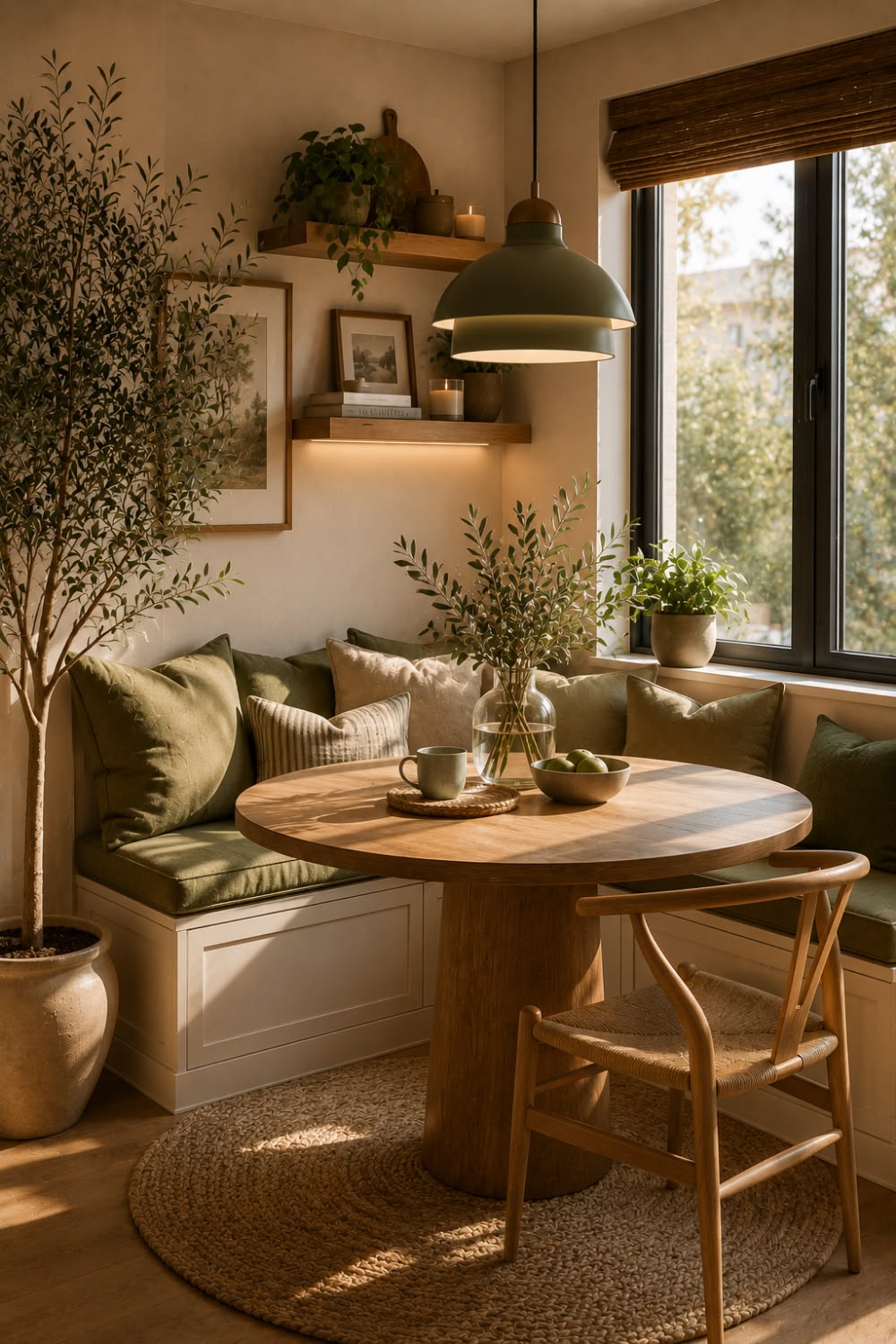Small dining room with built-in shelving on both sides of a simply styled table