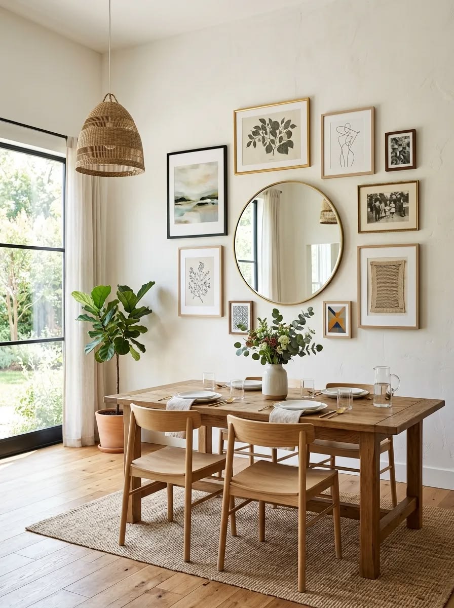 Small dining room with a gallery wall and round mirror creating a focal point above the table