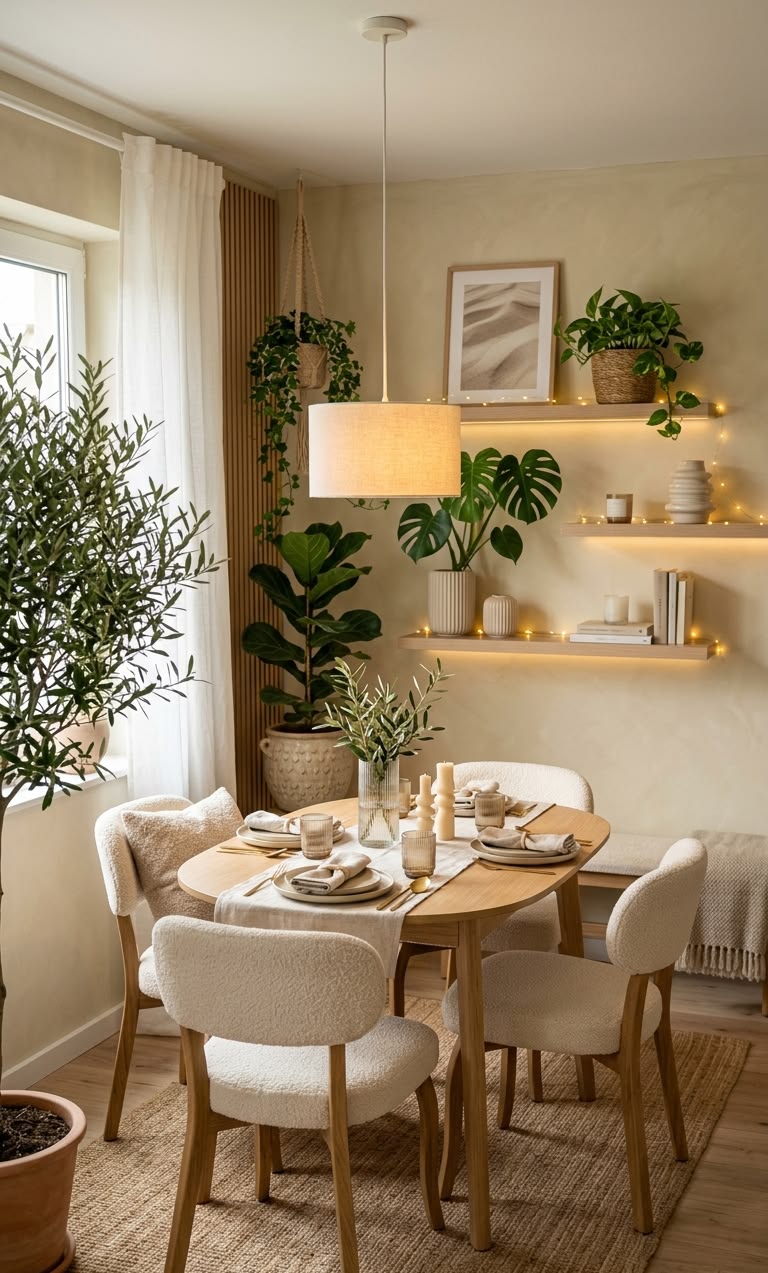Small dining nook with a round wood table, woven chairs and open shelving styled with plants