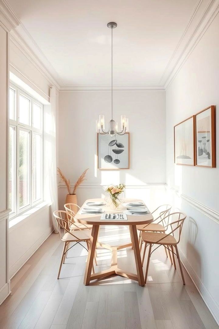 Small dining nook with a bench, open-back wood chairs and a round pendant light