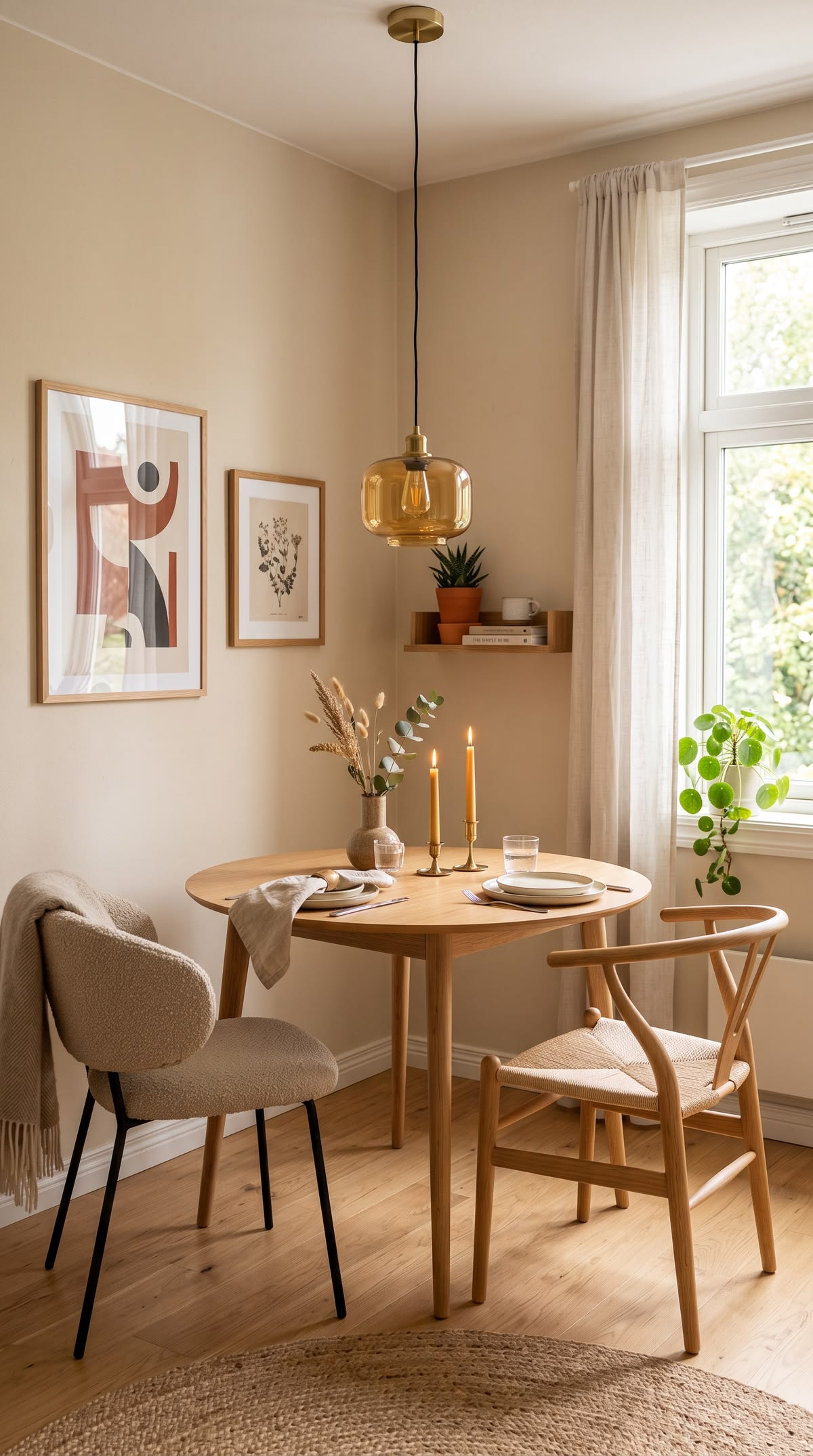 Small dining room with a warm white and natural oak color palette repeated throughout