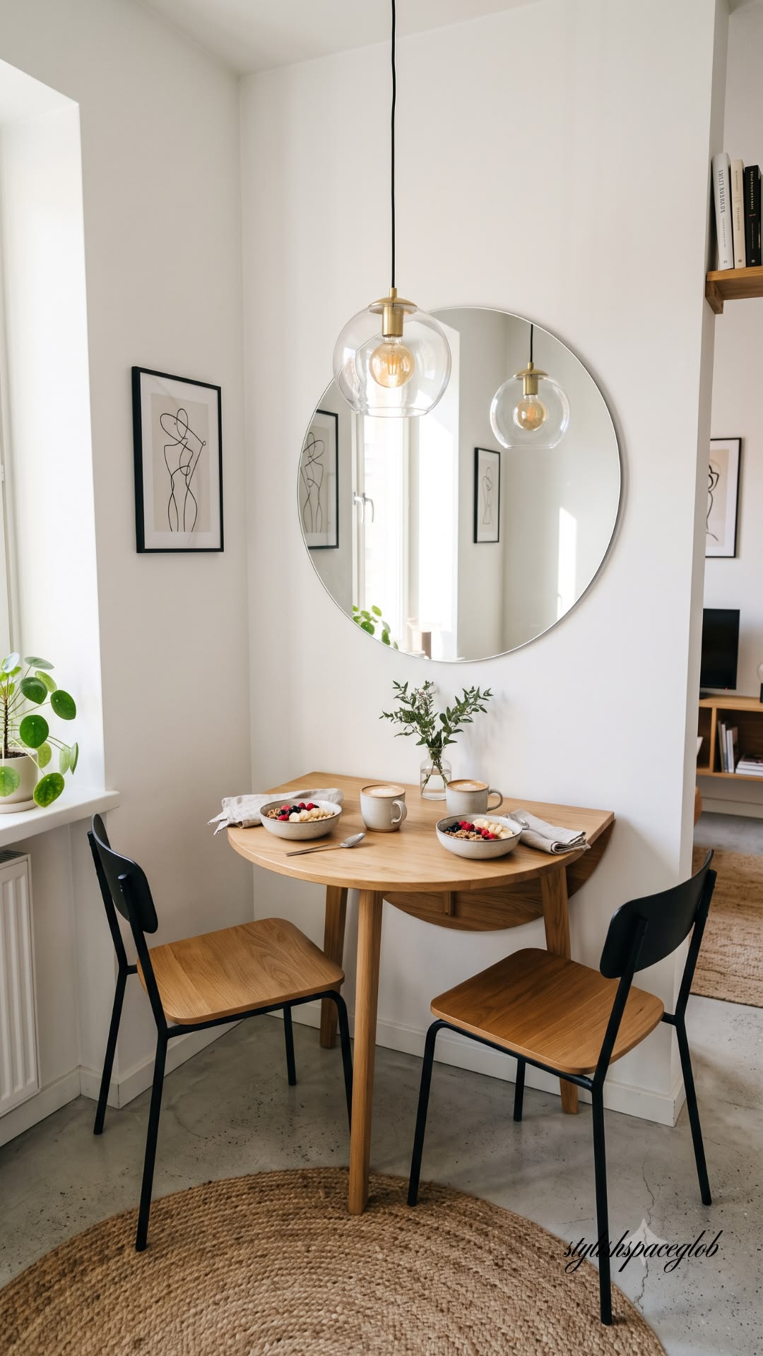 Small uncluttered dining corner with a round table, two chairs and a large round mirror above