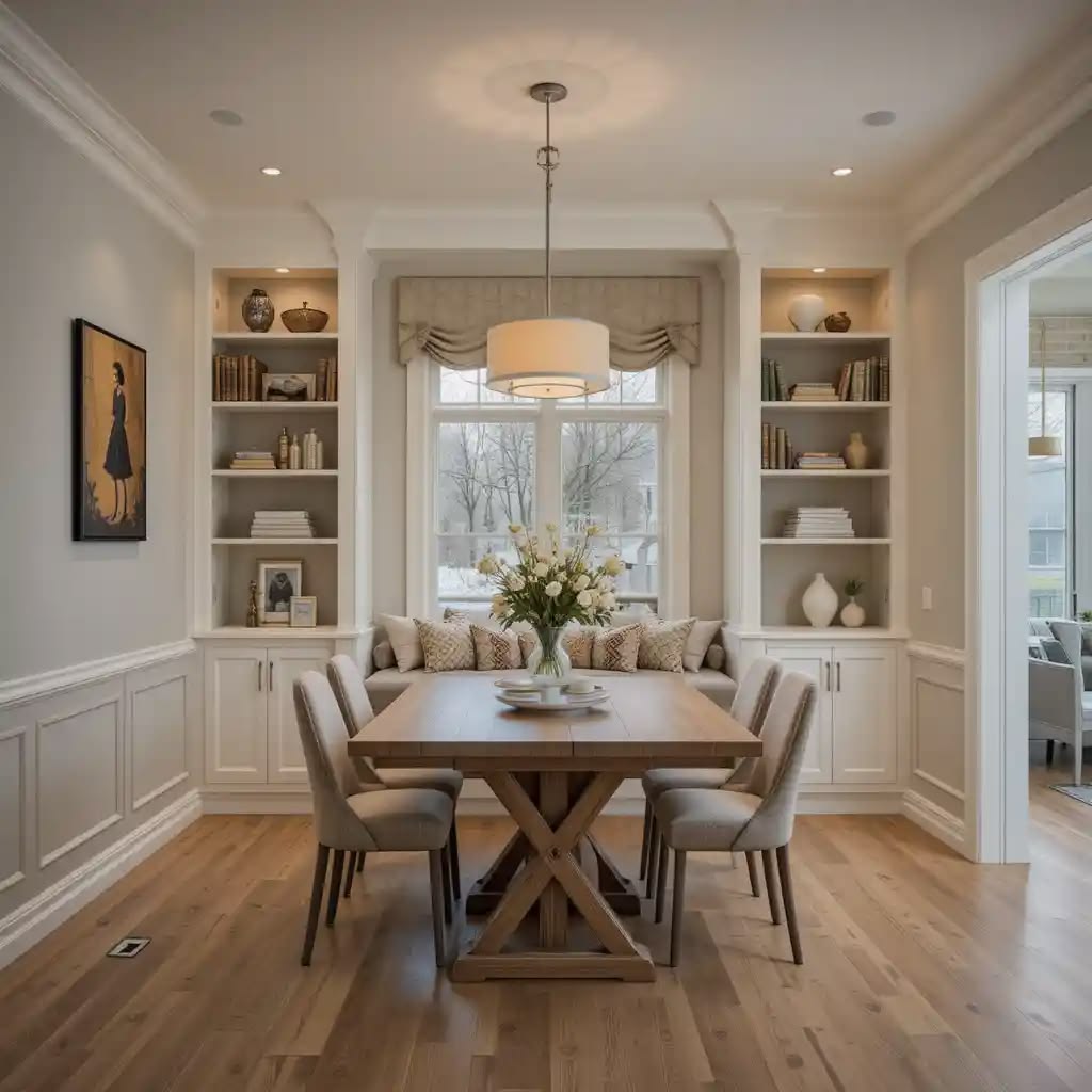 Dining room with floor-to-ceiling built-in cabinetry used as vertical storage beside the table