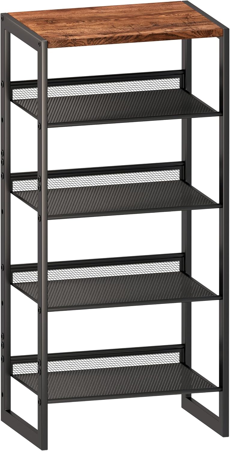 CHEMPFR Narrow 5-Tier Shoe Rack with Wood Top and Steel Mesh Shelves
