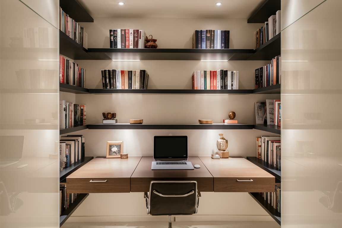 Small home office featuring creative space-saving solutions