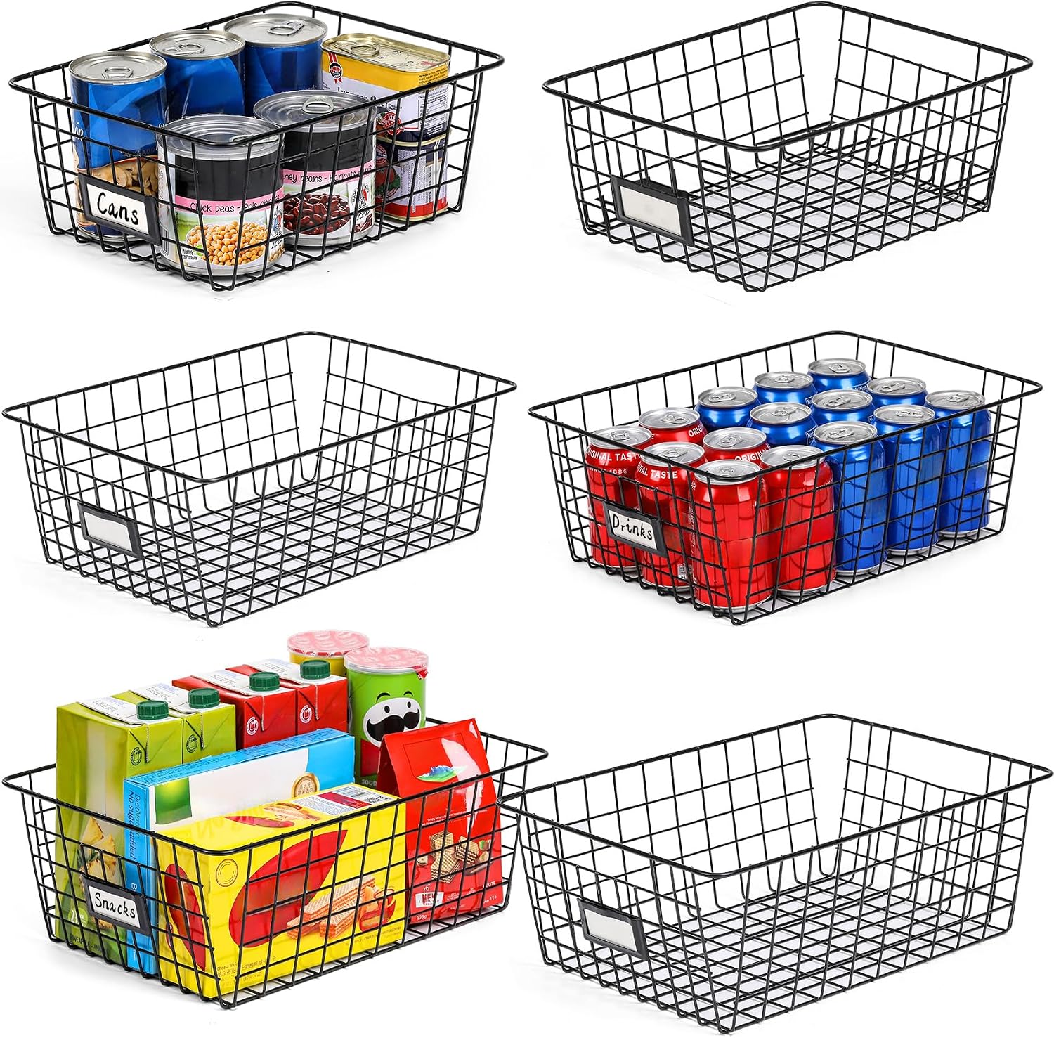 6 Pack Wire Baskets for Pantry Organization, Mixed Sizes