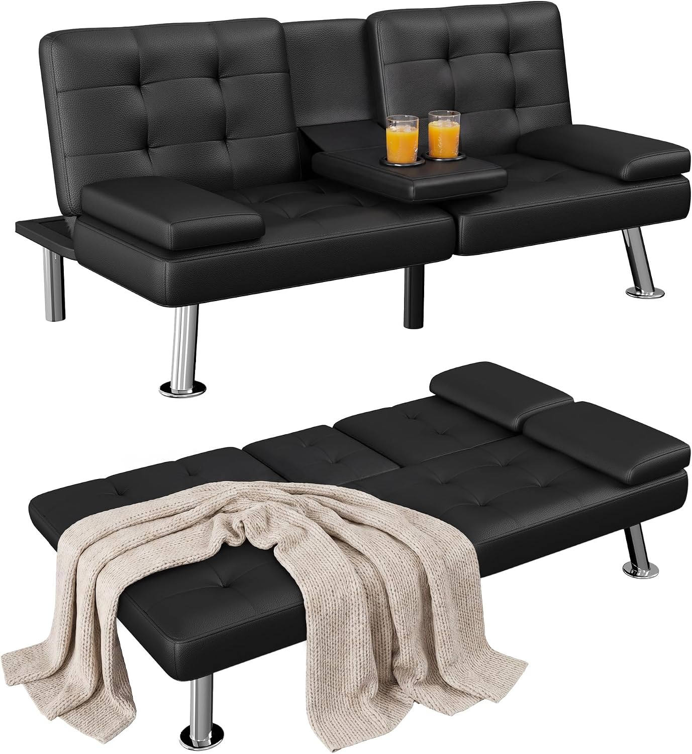 Homall Black Faux Leather Futon Sofa Bed with Adjustable Backrest