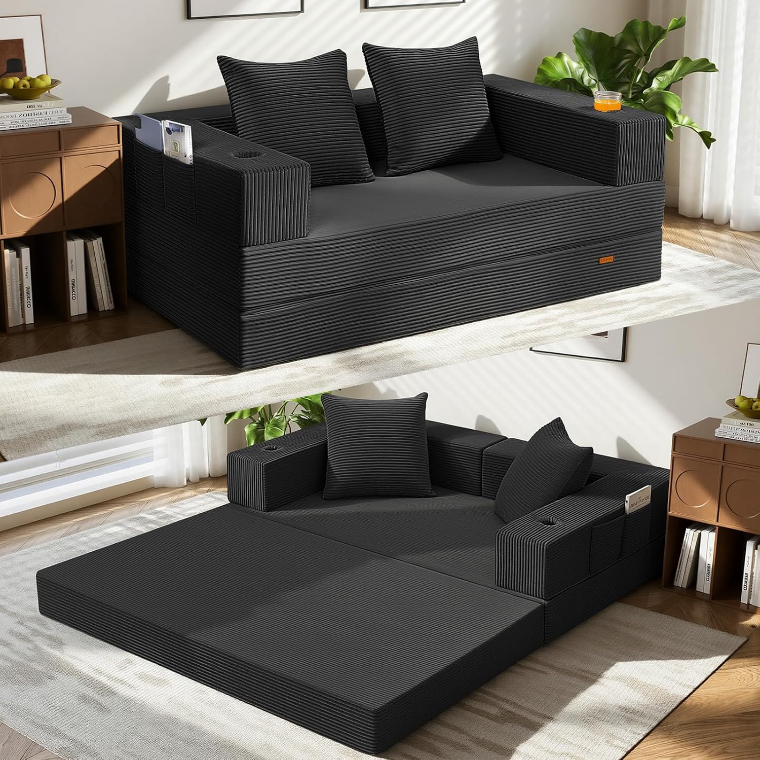 COMAX 59 Inch Boneless Futon Sofa Bed, Low-Profile Floor Couch, Black