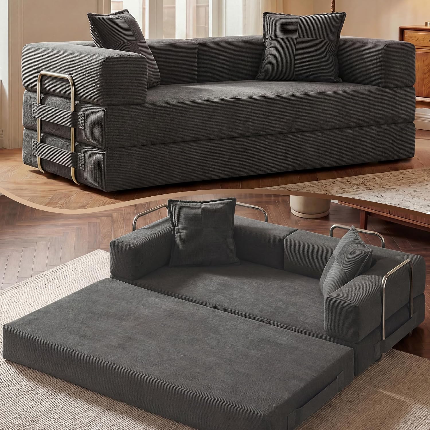GRUSIGN 78 Inch 5-in-1 Convertible Boneless Corduroy Futon Sofa Bed, Gray
