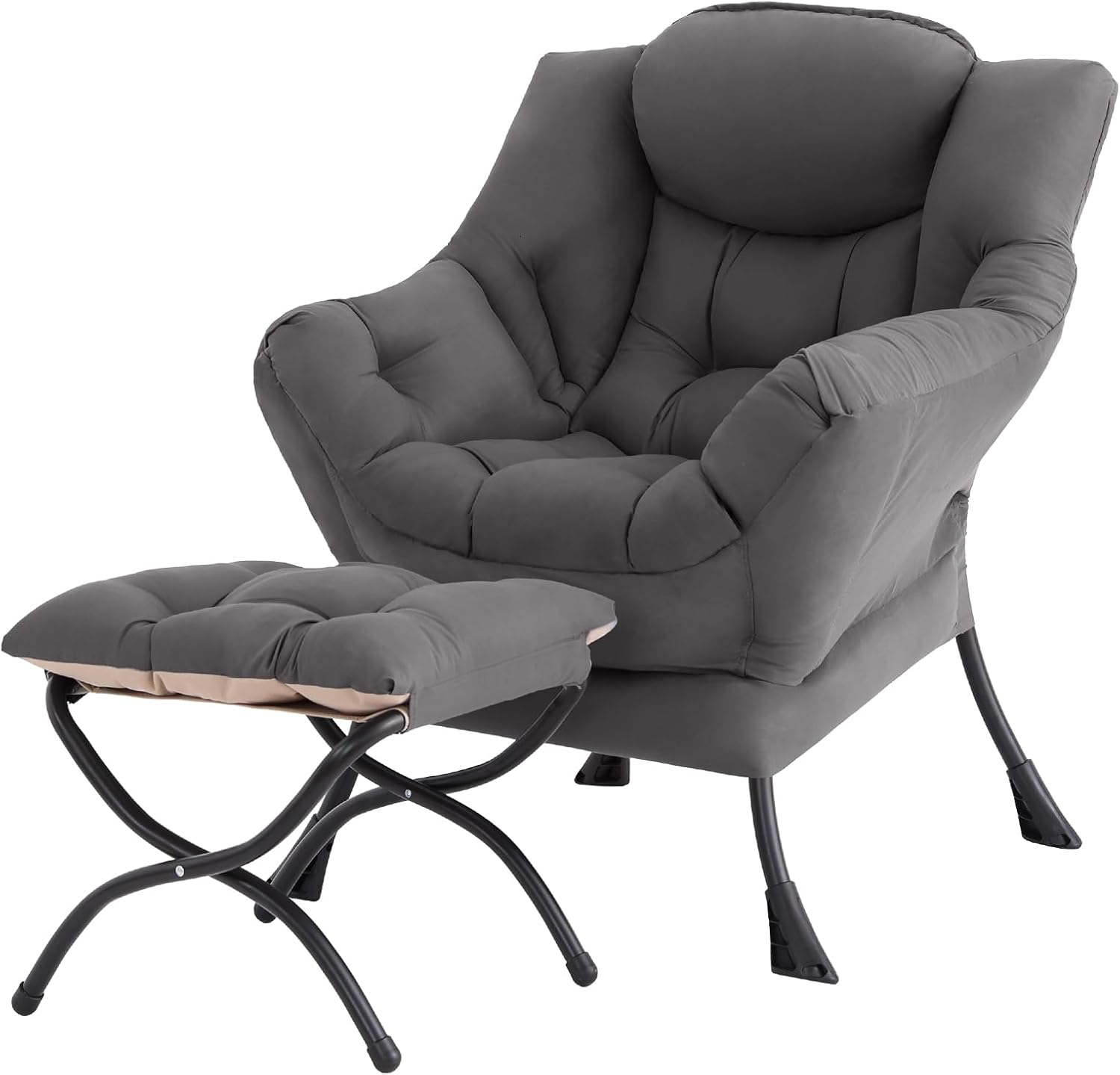 Gray lazy chair with a matching ottoman for a cozy reading corner