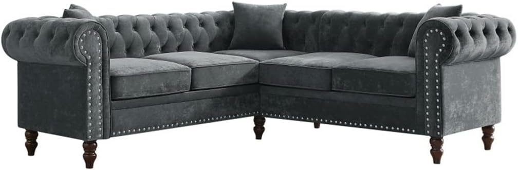 Gray tufted sectional sofa with rolled arms and nailhead trim
