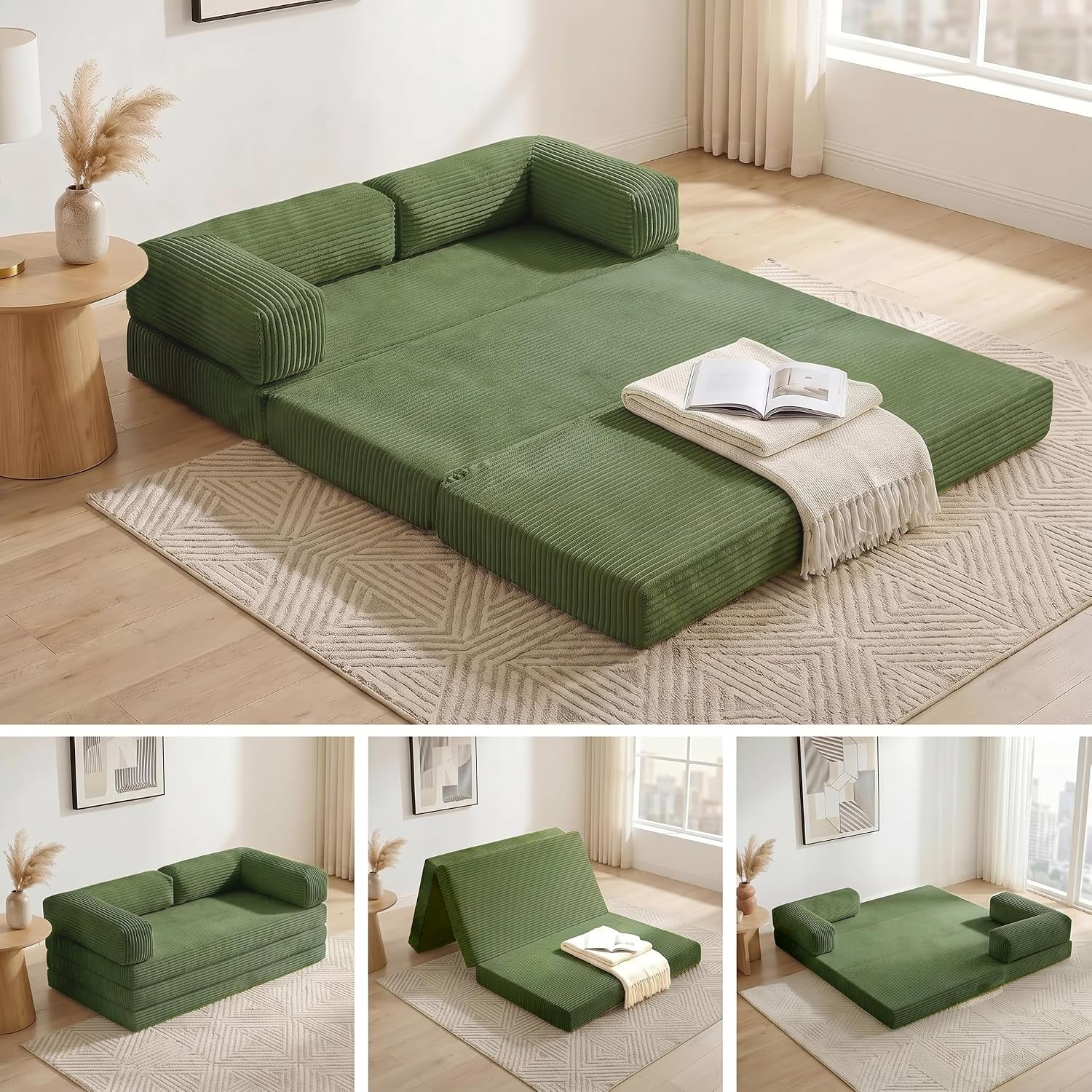 Sage green convertible sofa styled in a bright living room