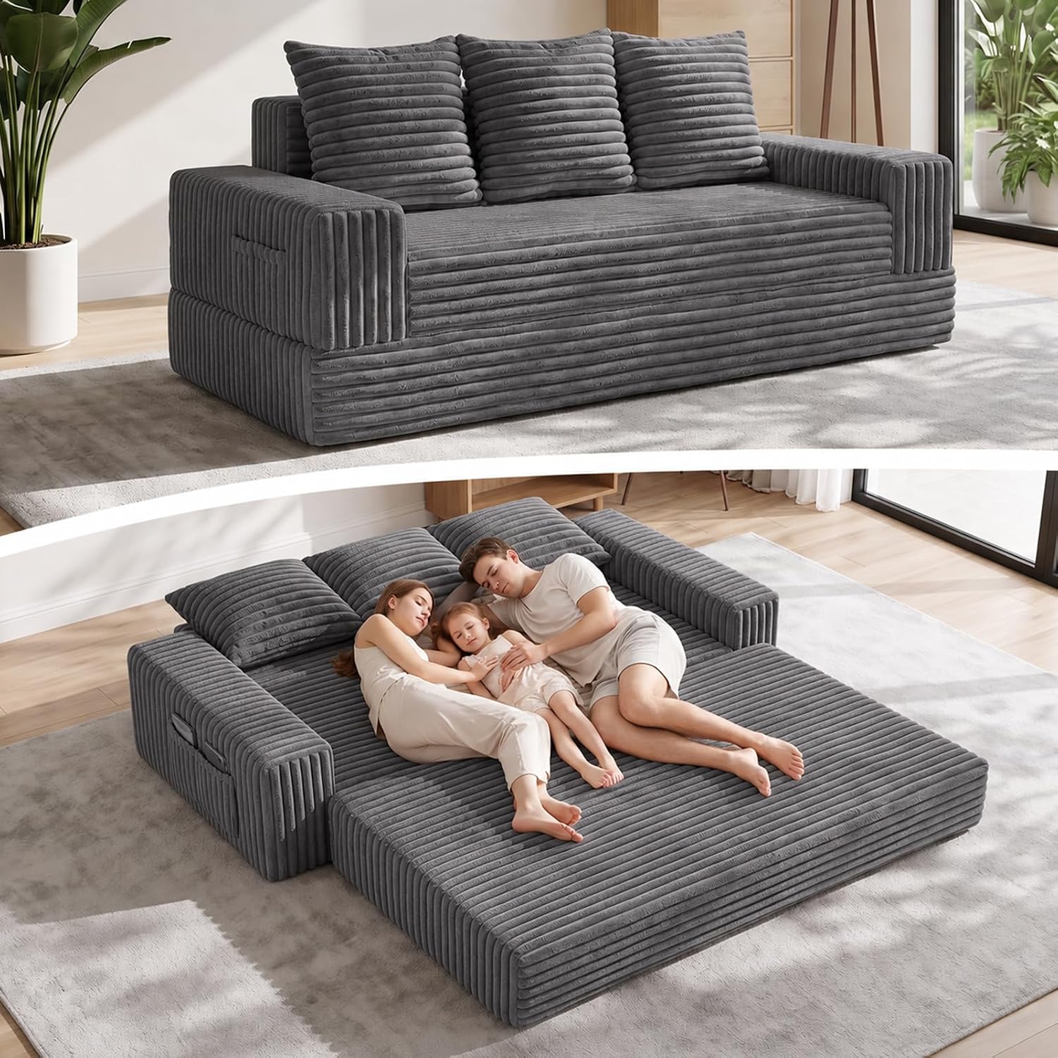 Two people sitting on a compact gray corduroy sofa bed, showing its scale in a room
