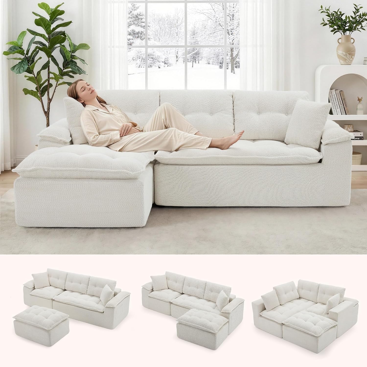 Cream and beige cloud sectional sofa with deep seating and layered cushions