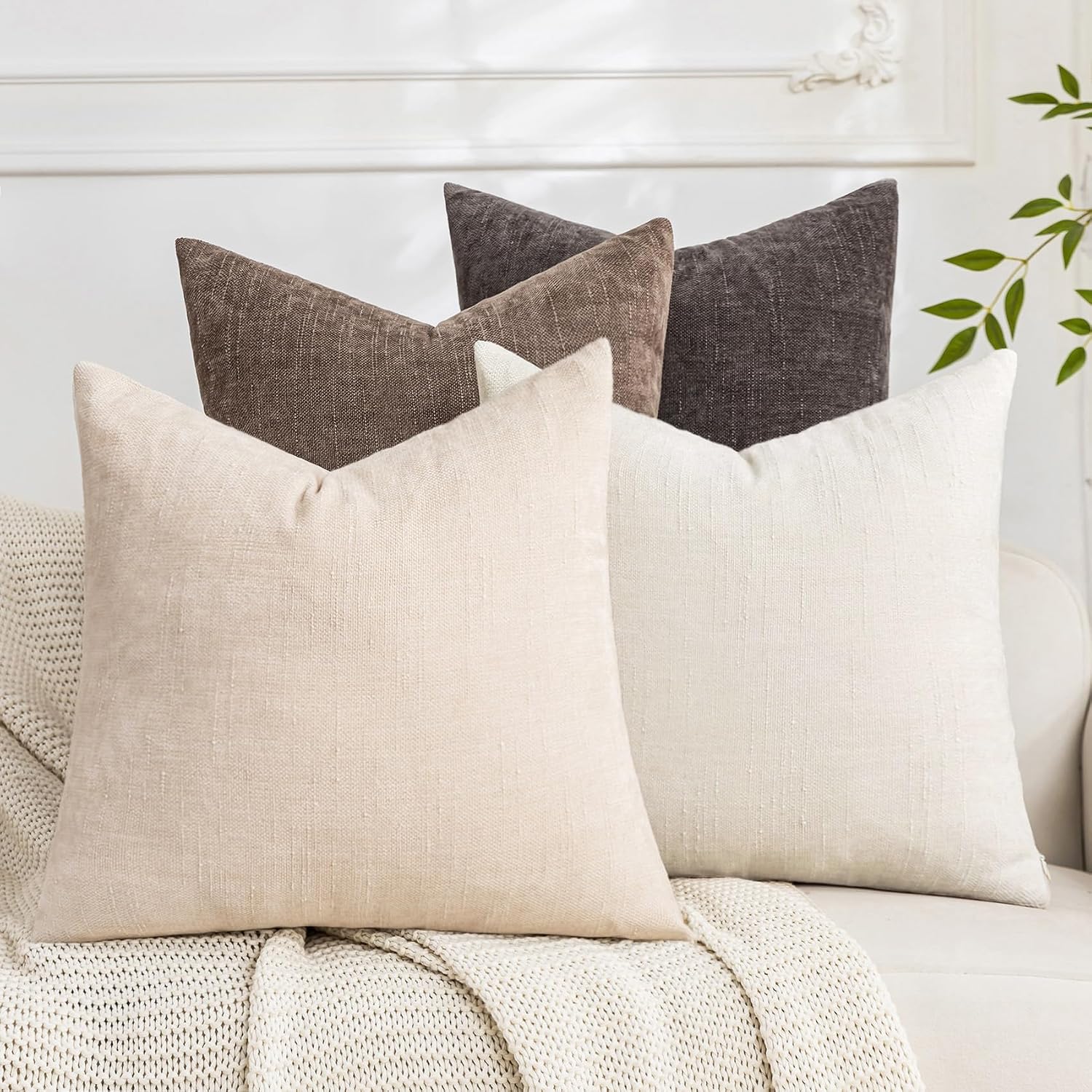 Set of 4 Soft Textured Throw Pillow Covers, 18 x 18 Inch, Cozy Decorative Farmhouse Cushion