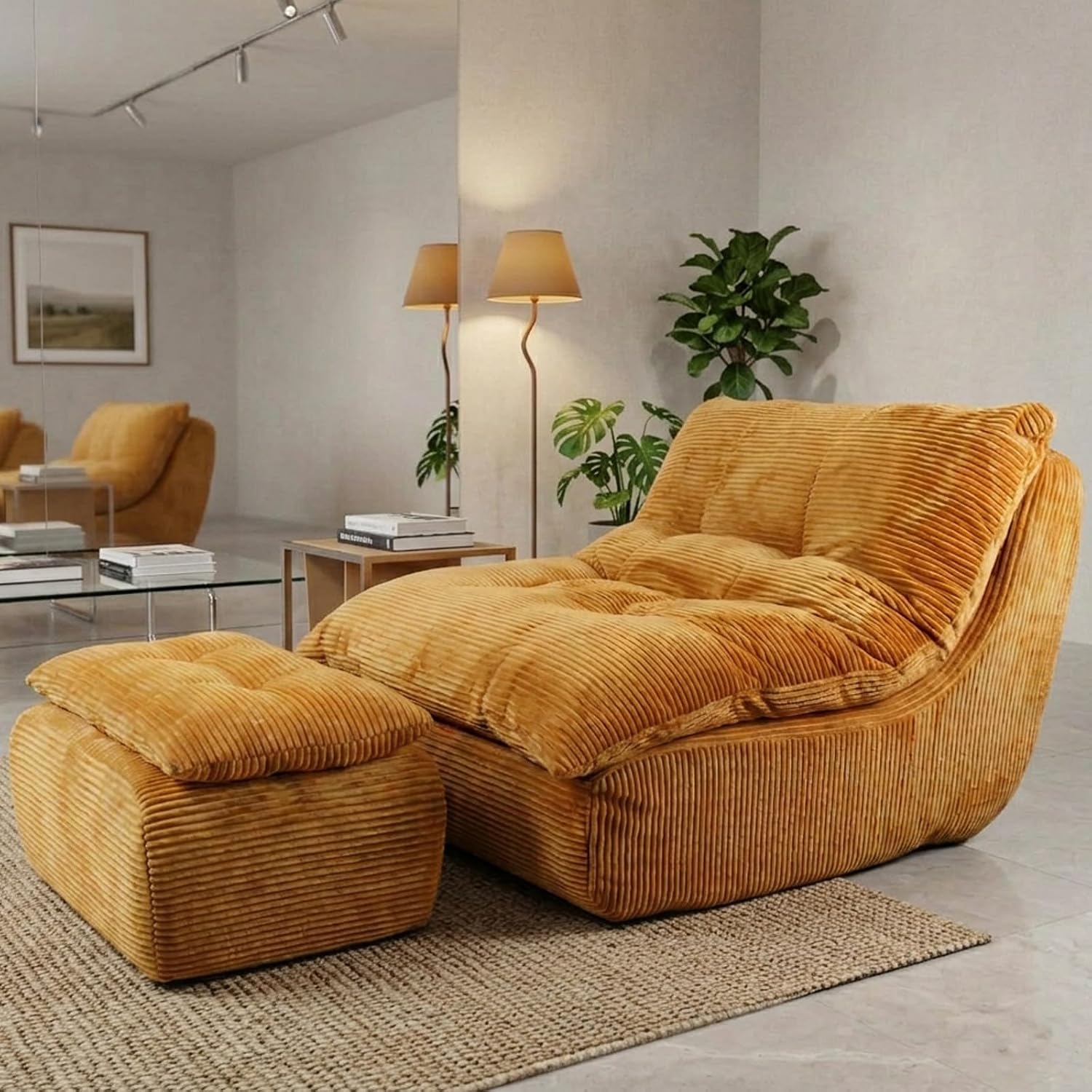 Comeon Lazy Floor Sofa Boneless Accent Chair with Ottoman, Mustard Yellow