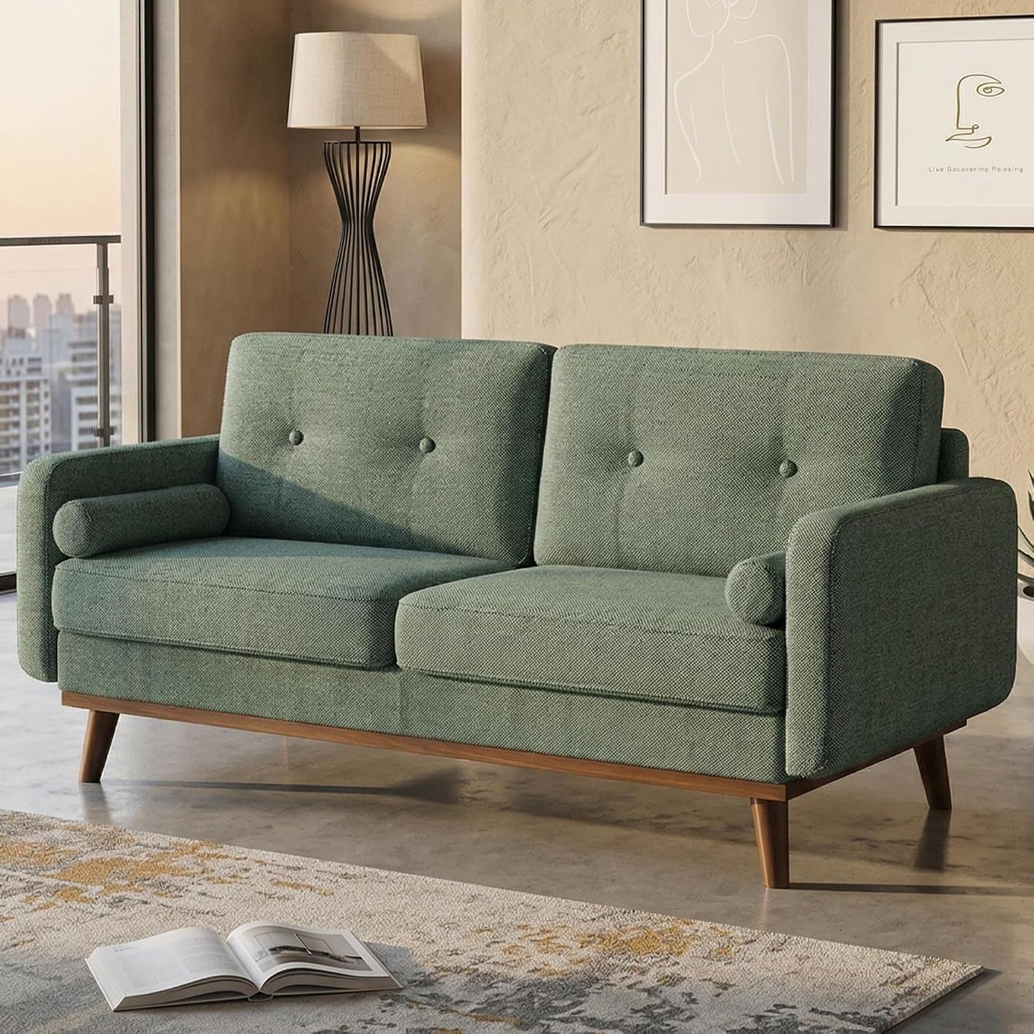 IDEALHOUSE 65 Inch Mid Century Modern Couch Sofa Loveseat, Green