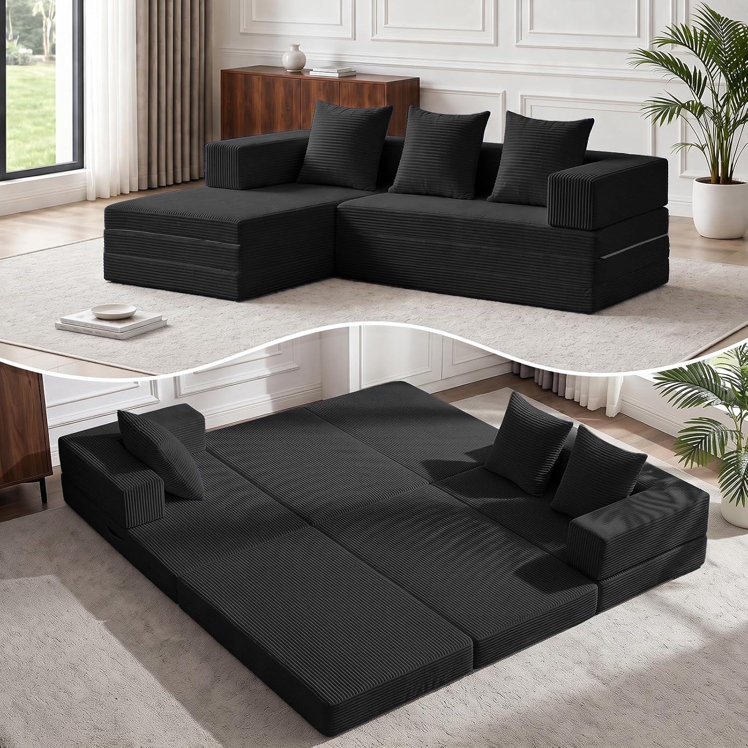 79 Inch Modular Sectional Sofa, Boneless Convertible Sleeper Sofa Bed, Tri-Folding Cloud Couch with L-Shape Chaise