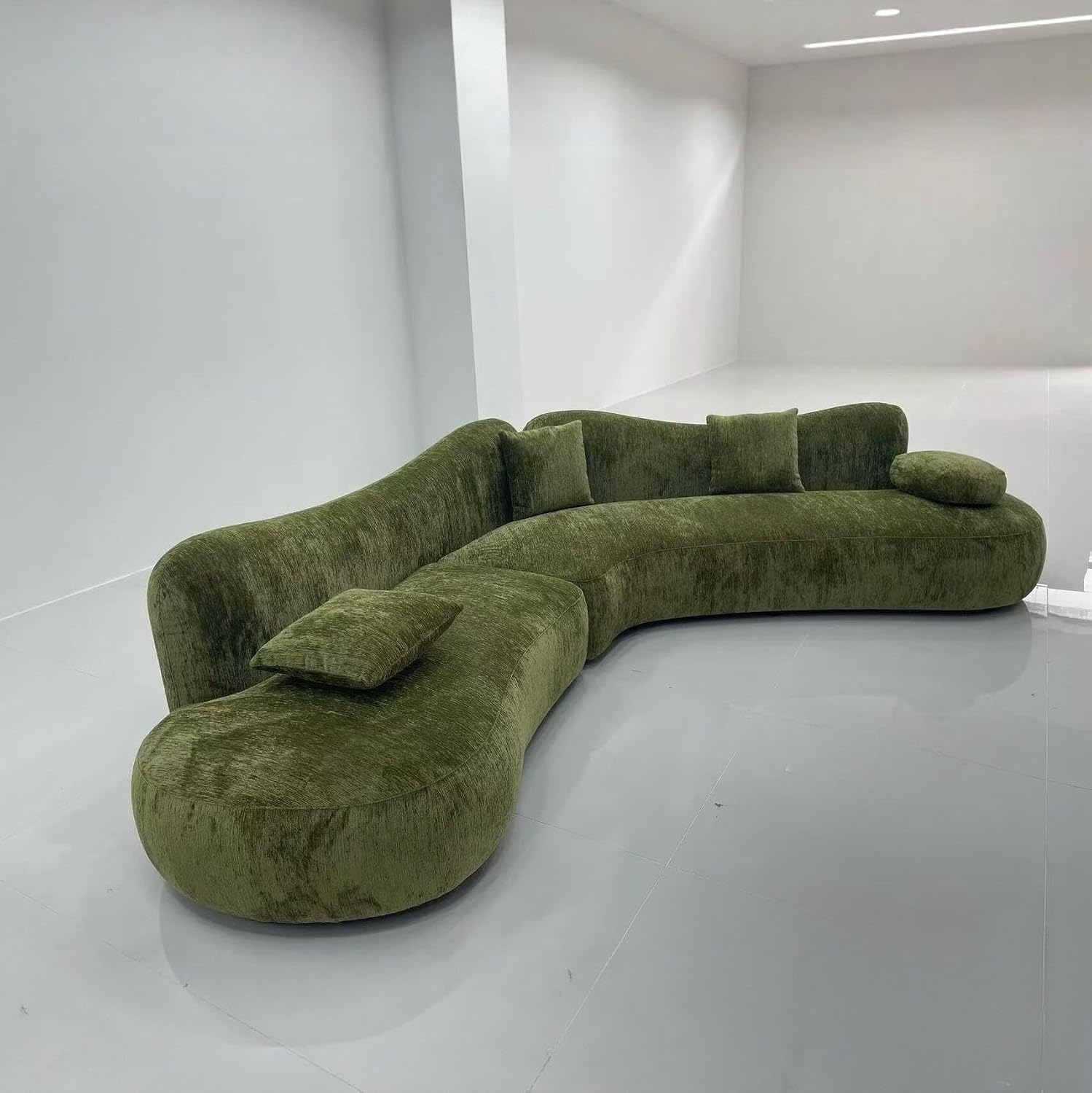 Green Curved Sectional Sofa with Chenille Upholstery, V-Shaped Curve Corner Couch
