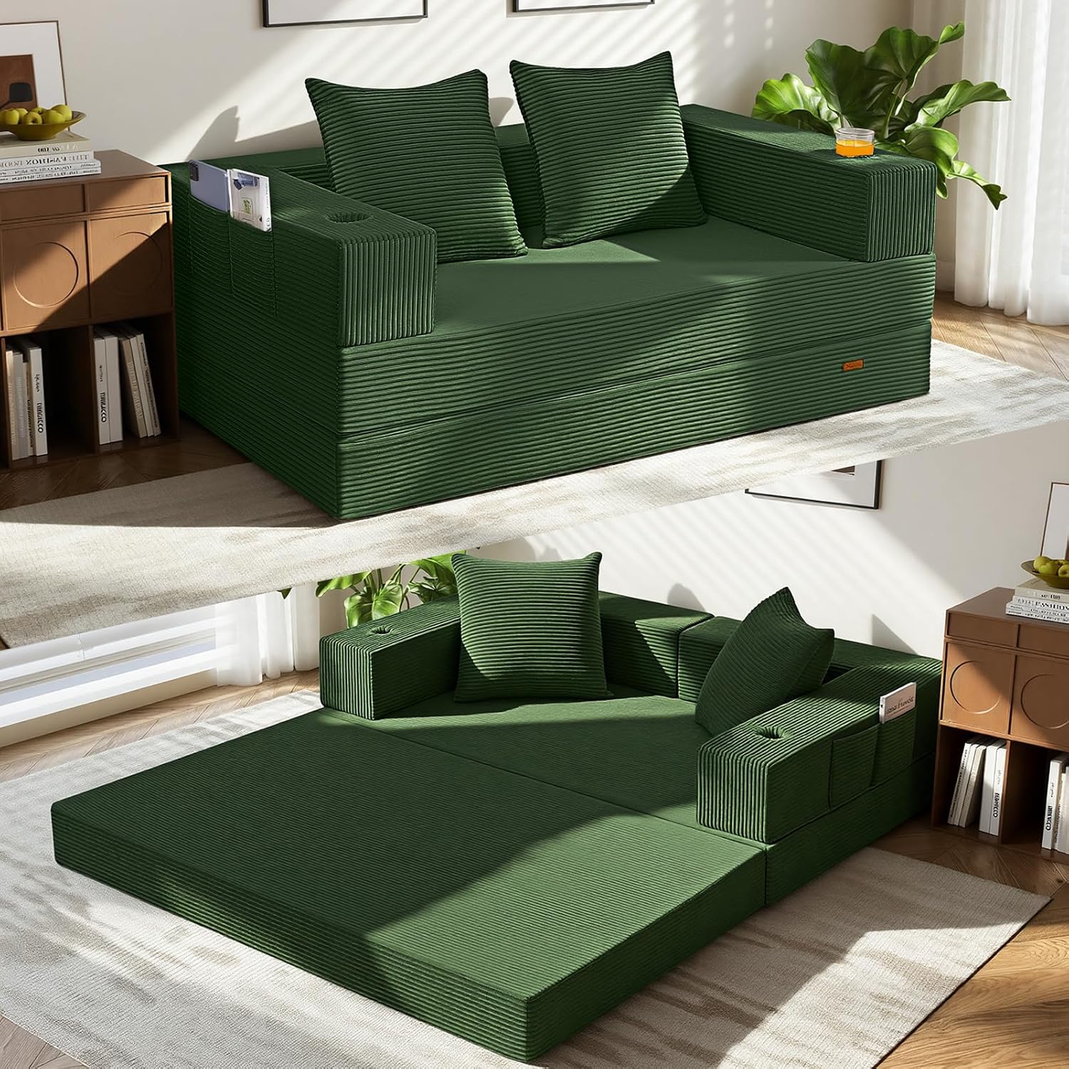 COMAX Boneless Futon Sofa Bed, 59 Inch Small Low-Profile Floor Couch, Green