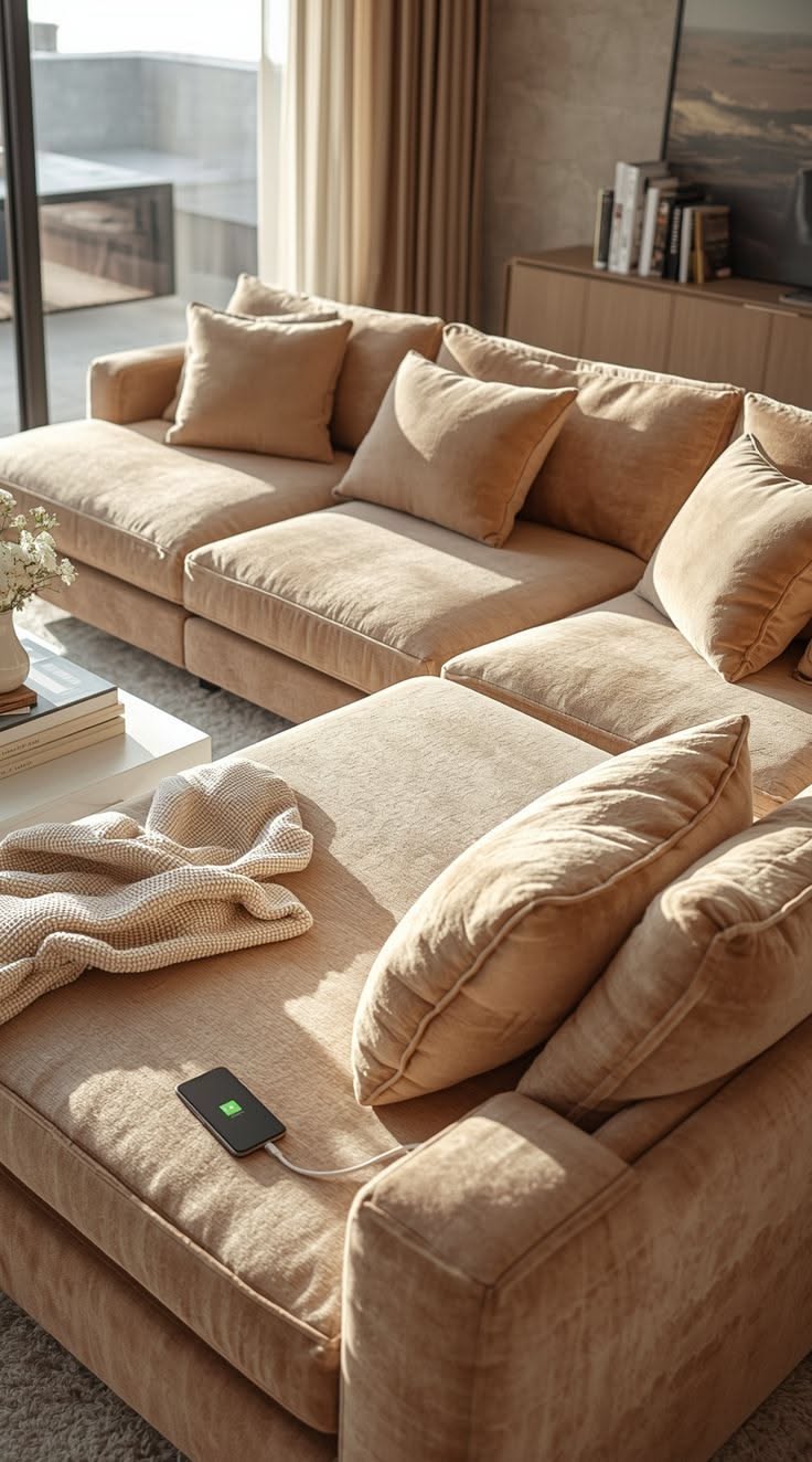 Deep camel sectional with matching pillows, a knit throw and a phone charging on the seat