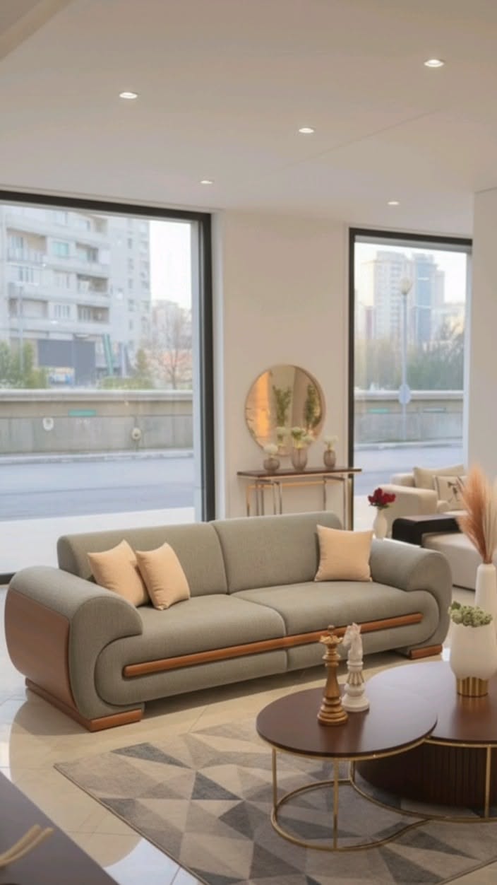 Sage green sofa with sculpted arms and a wood-trimmed base in a bright modern living room