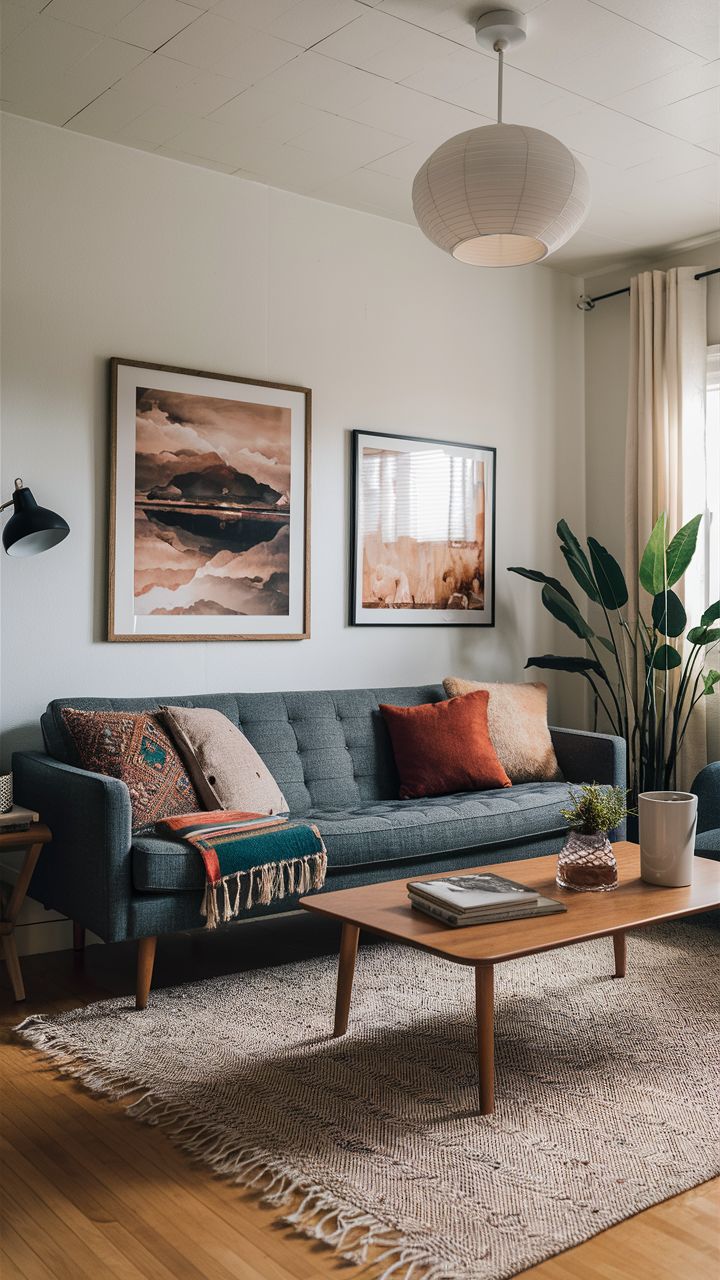 Blue-gray button-tufted mid-century sofa with tapered wood legs, a wood coffee table, a woven rug and rust pillows
