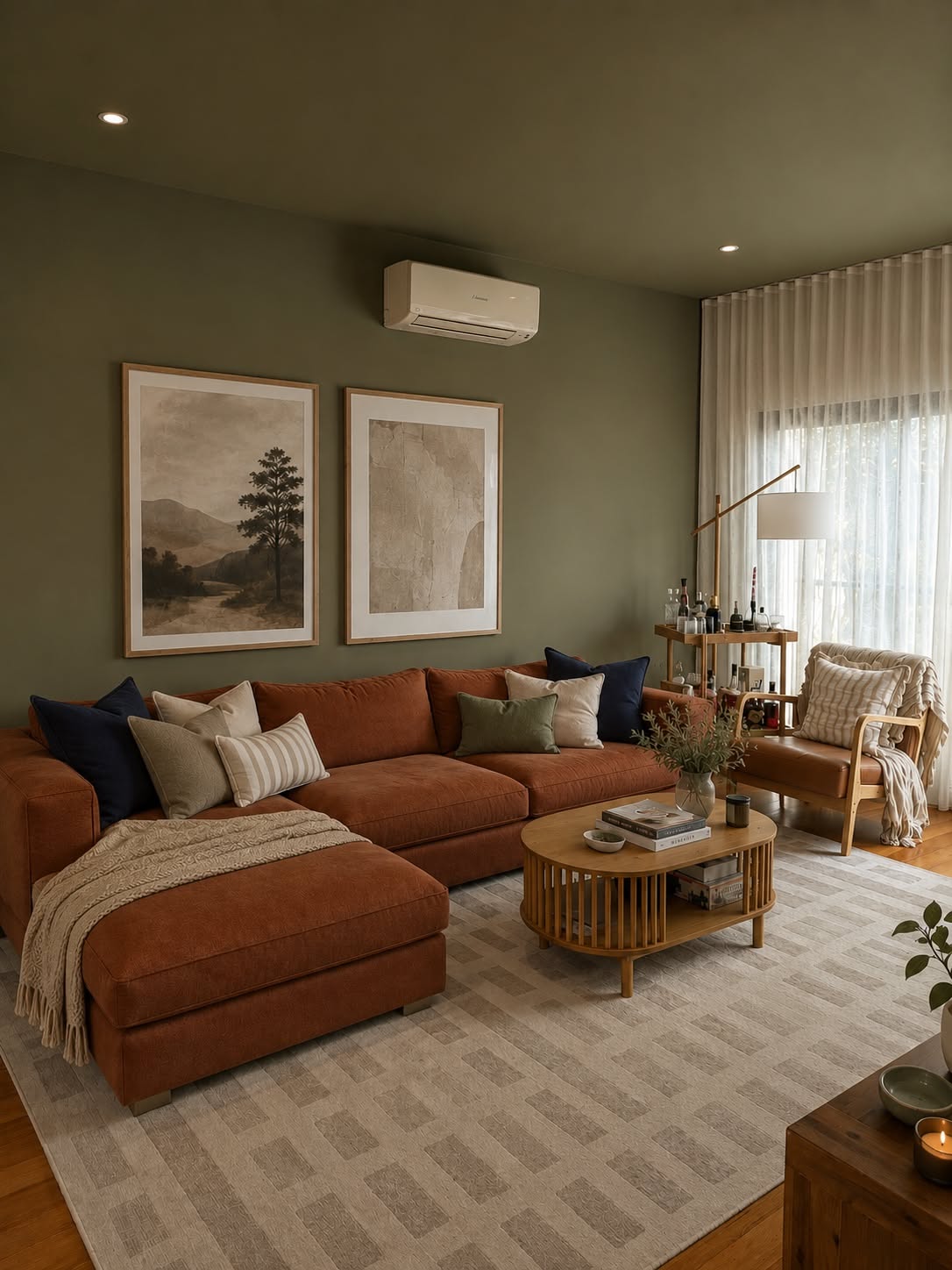 Rust sectional with a matching chaise against sage green walls, with large framed art and a round wood coffee table