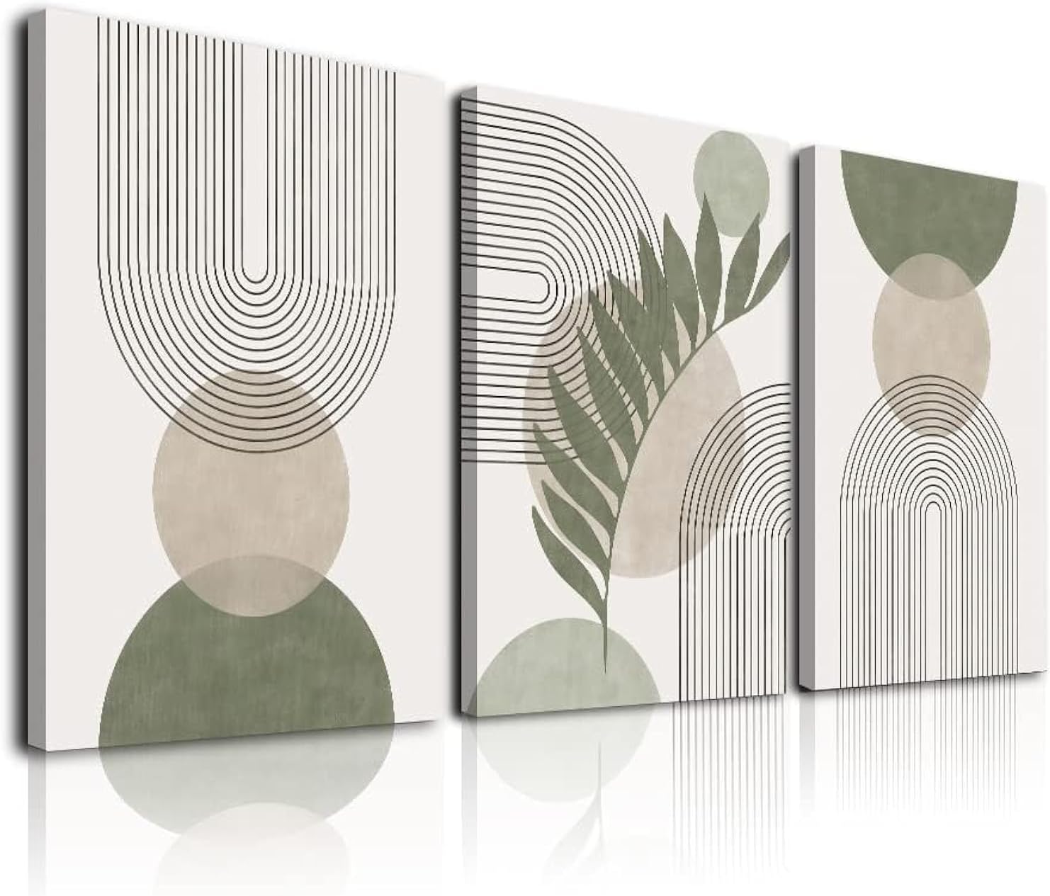 Sage Green Boho Wall Art Set of 3, Minimalist Framed Wall Art Geometric Line Leaf Sun Moon Beige Green Canvas Artwork Paintings, Abstract Botanical Boho Room Decor, Office, 12