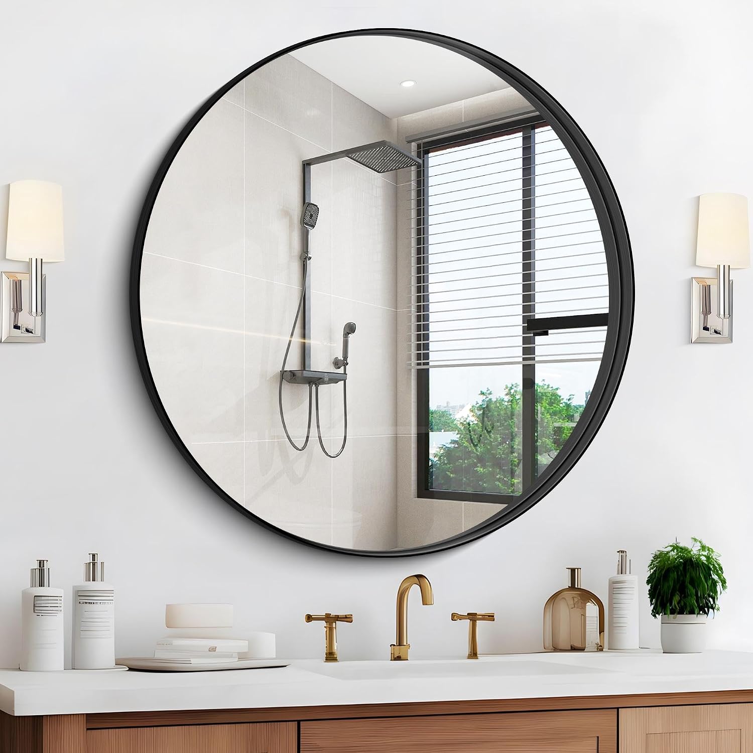 Black Round Mirror 36 inch Deep Frame Circle Mirror, Metal Framed Bathroom Mirror, Round Vanity Mirror, Circle Mirrors for Wall Entryway Bedroom Living Room Hallway