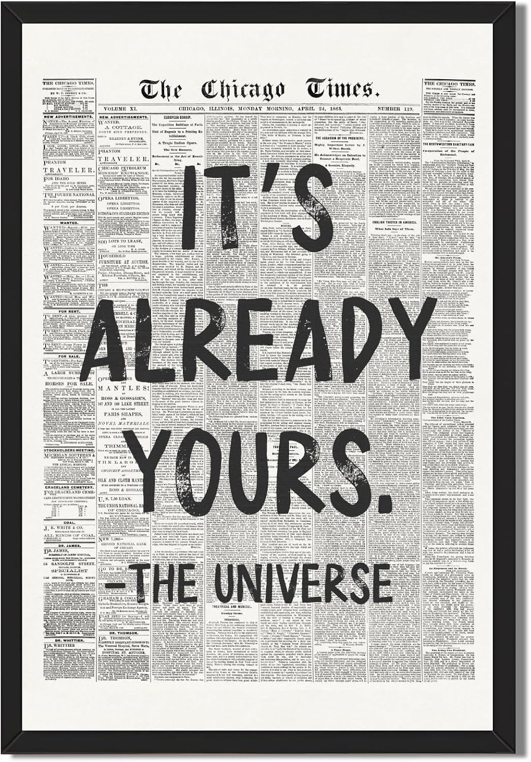 Framed Black And White Retro Newspaper Wall Art Motivational Office Decor