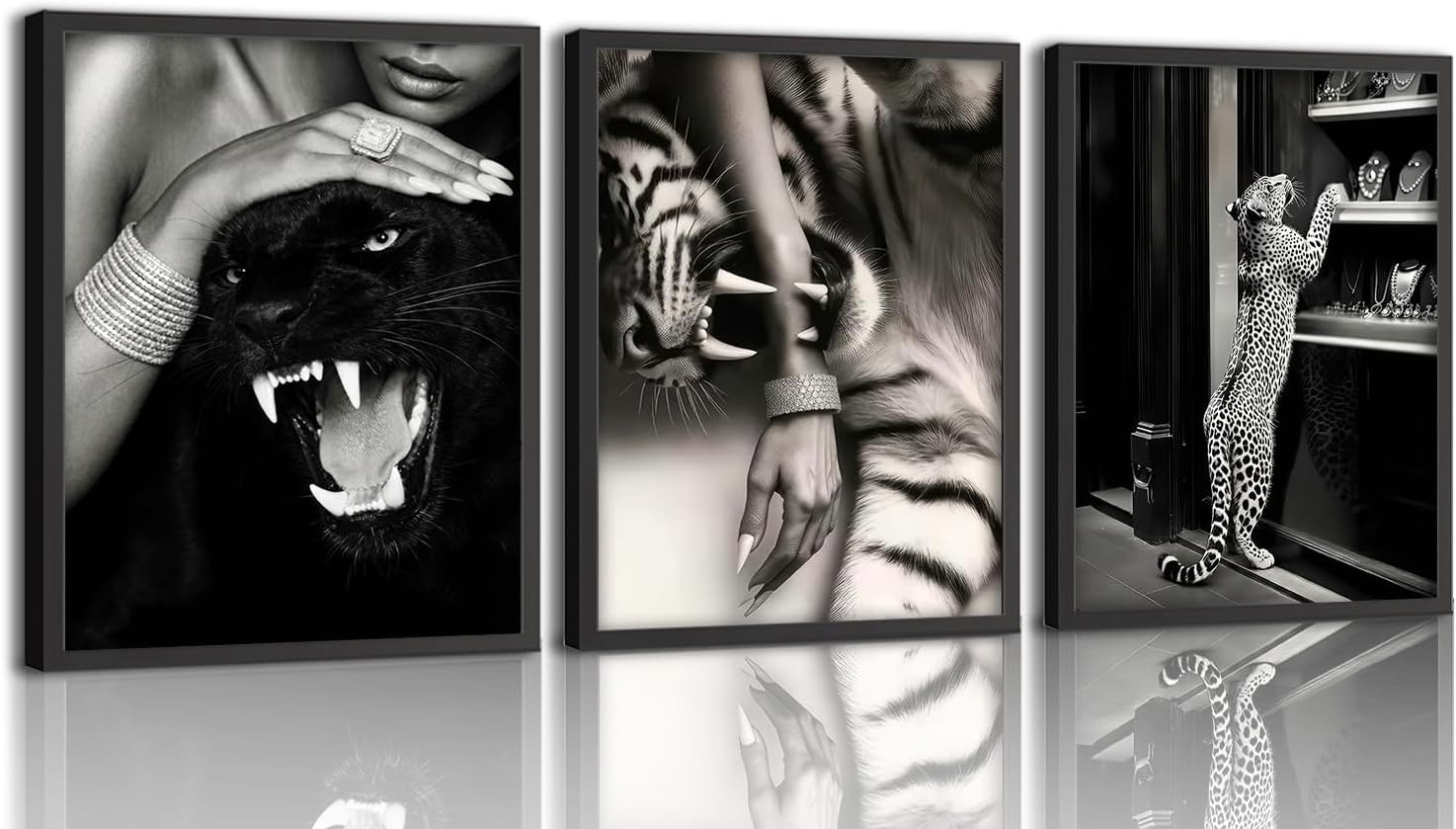 3 Pcs Framed Black and White Cheetah Canvas Wall Art, 16x24in