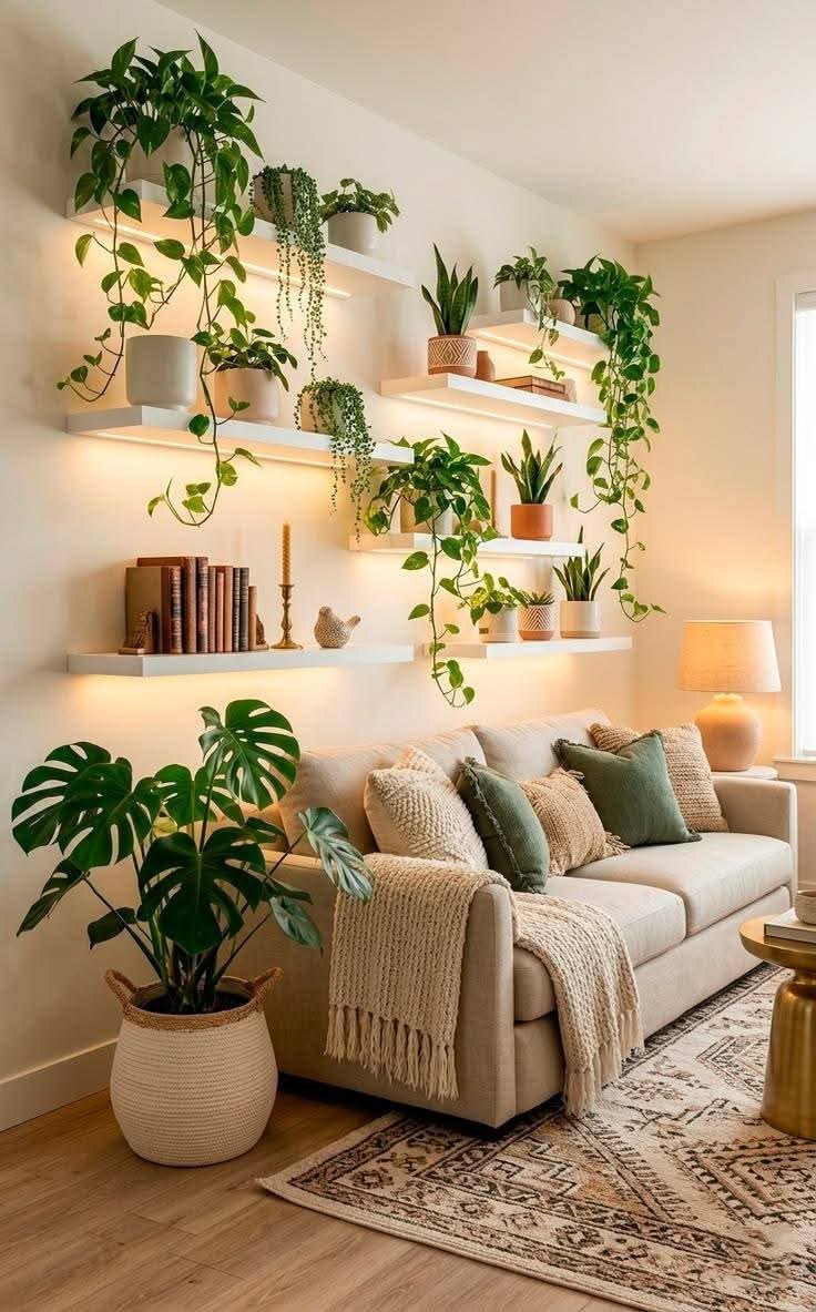 Floating shelves filled with trailing houseplants above a sofa