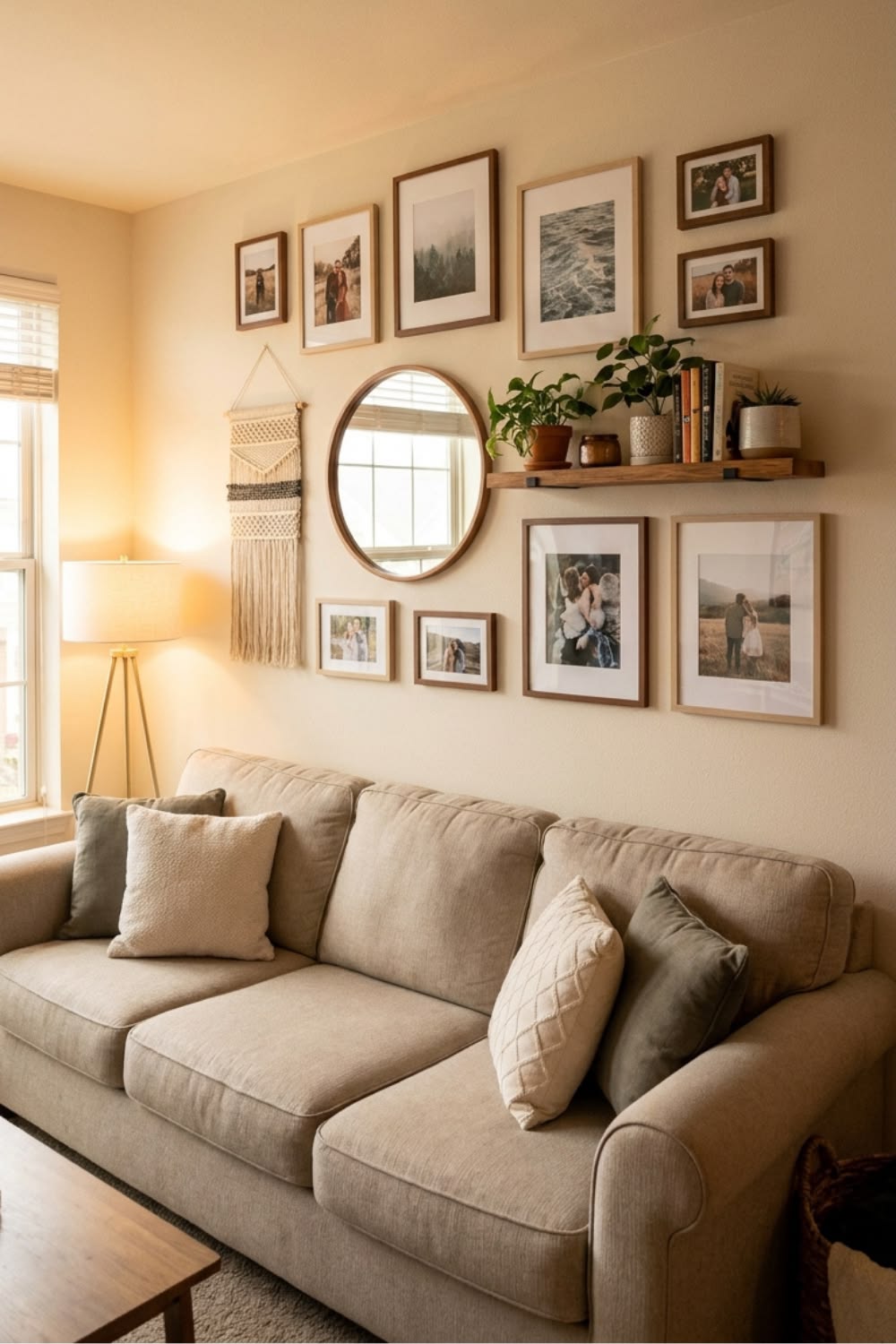 Living room sofa wall combining a photo gallery, round mirror, macrame hanging and a styled floating shelf