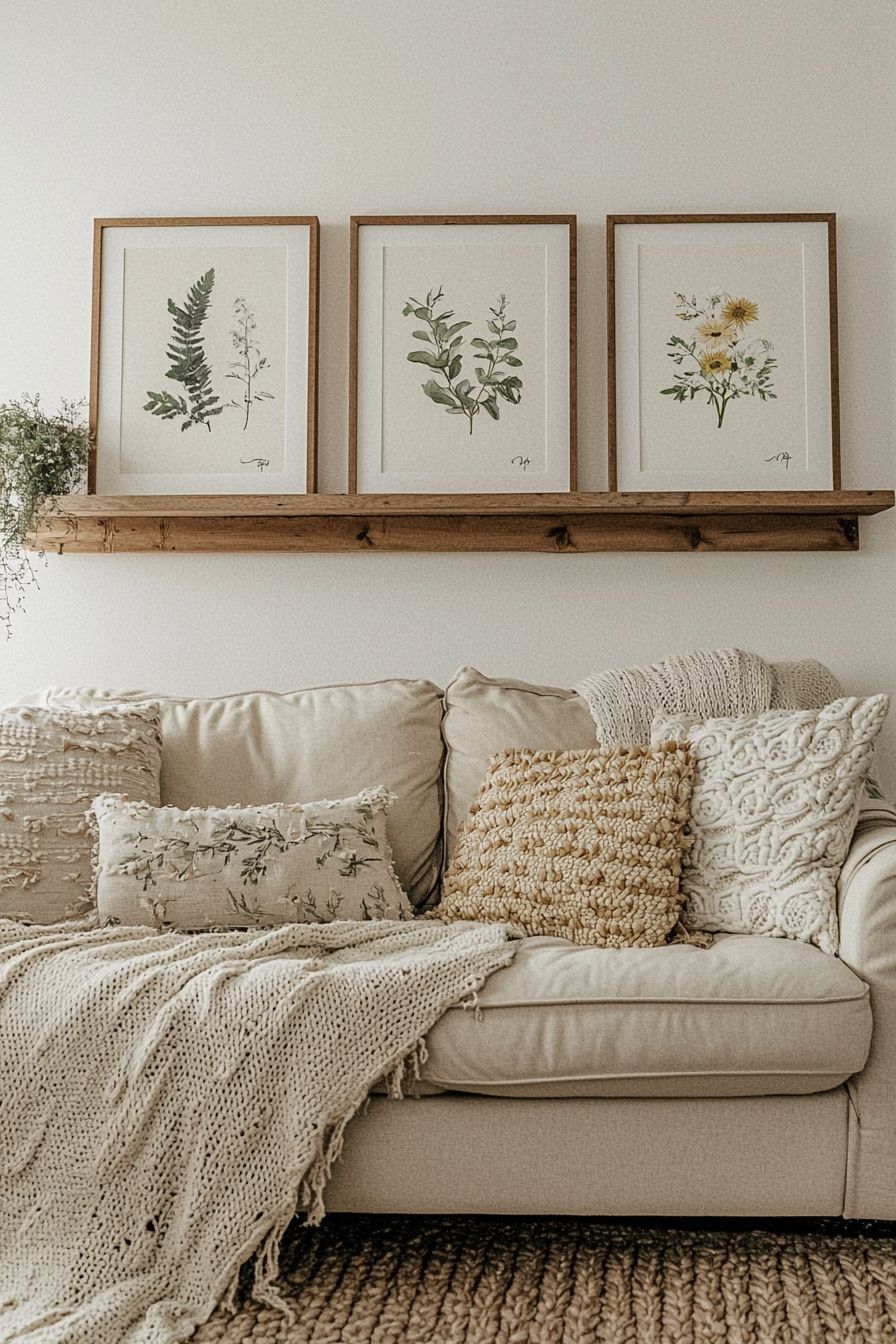 Three framed botanical prints on a floating shelf hung at a comfortable height above a cream sofa