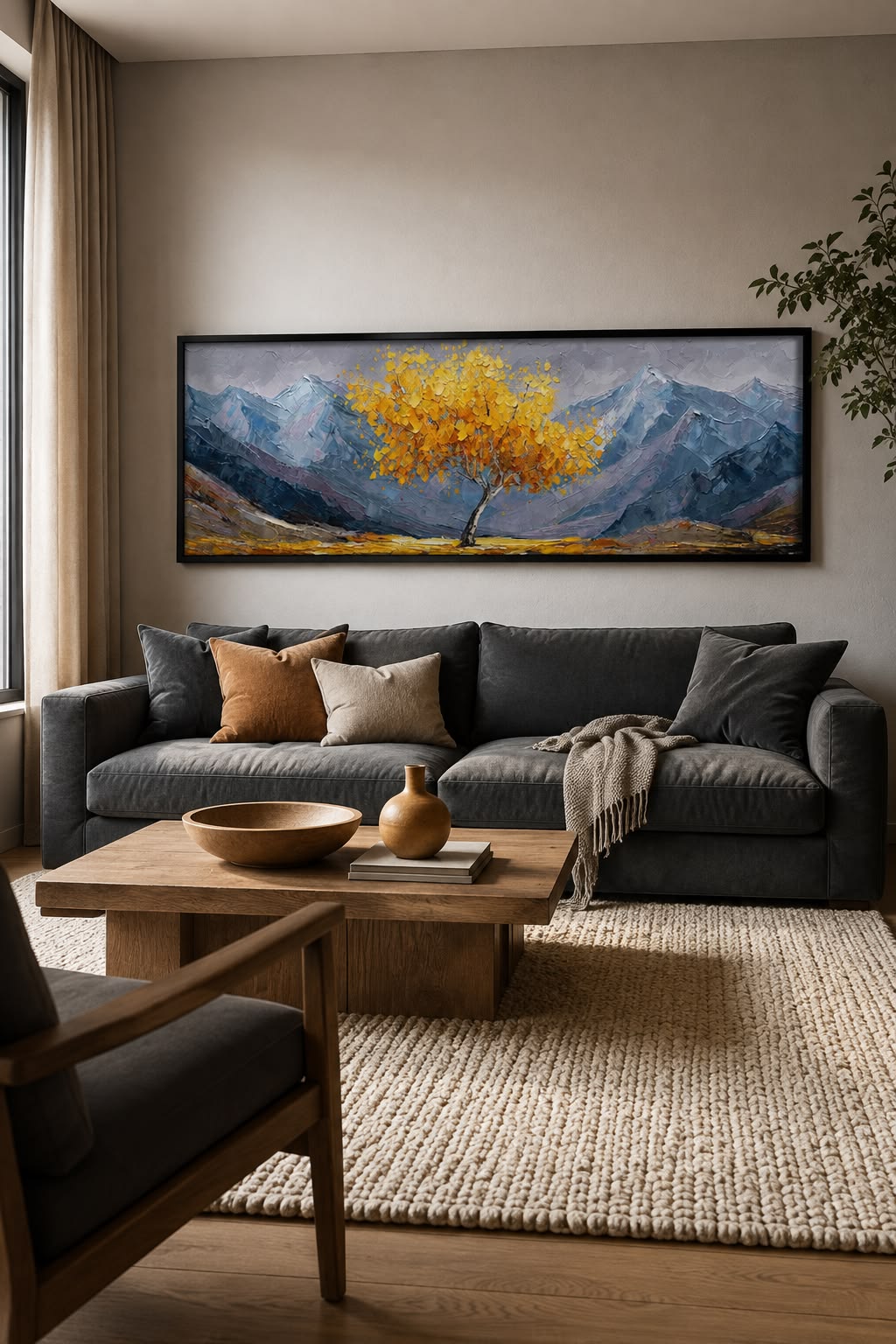 Large horizontal landscape painting of a golden tree and mountains above a dark sofa