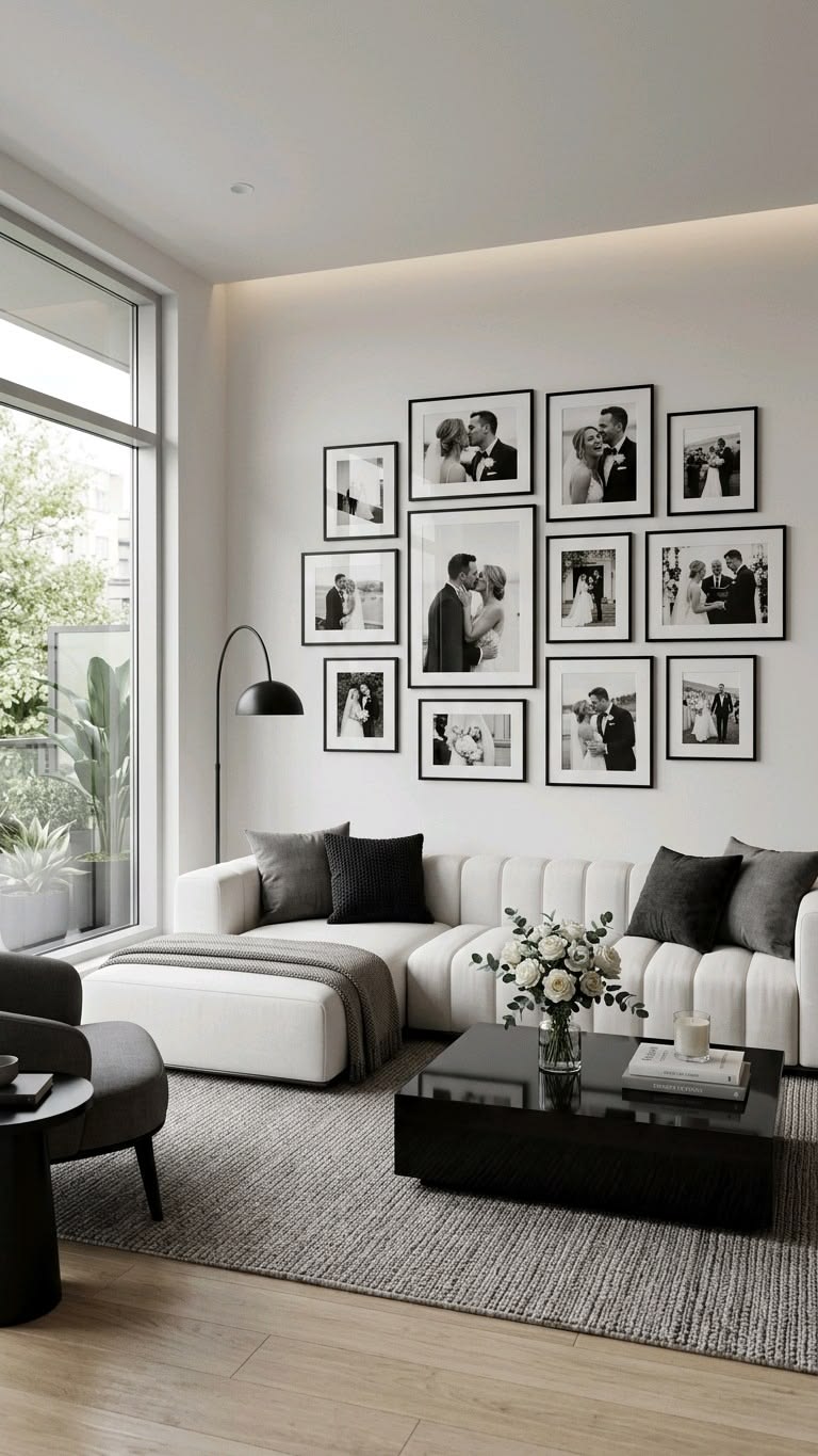 Large symmetrical grid of matching black and white framed photographs above a sofa