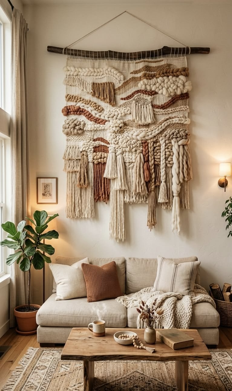 Large woven macrame wall hanging with braided fringe above a sofa