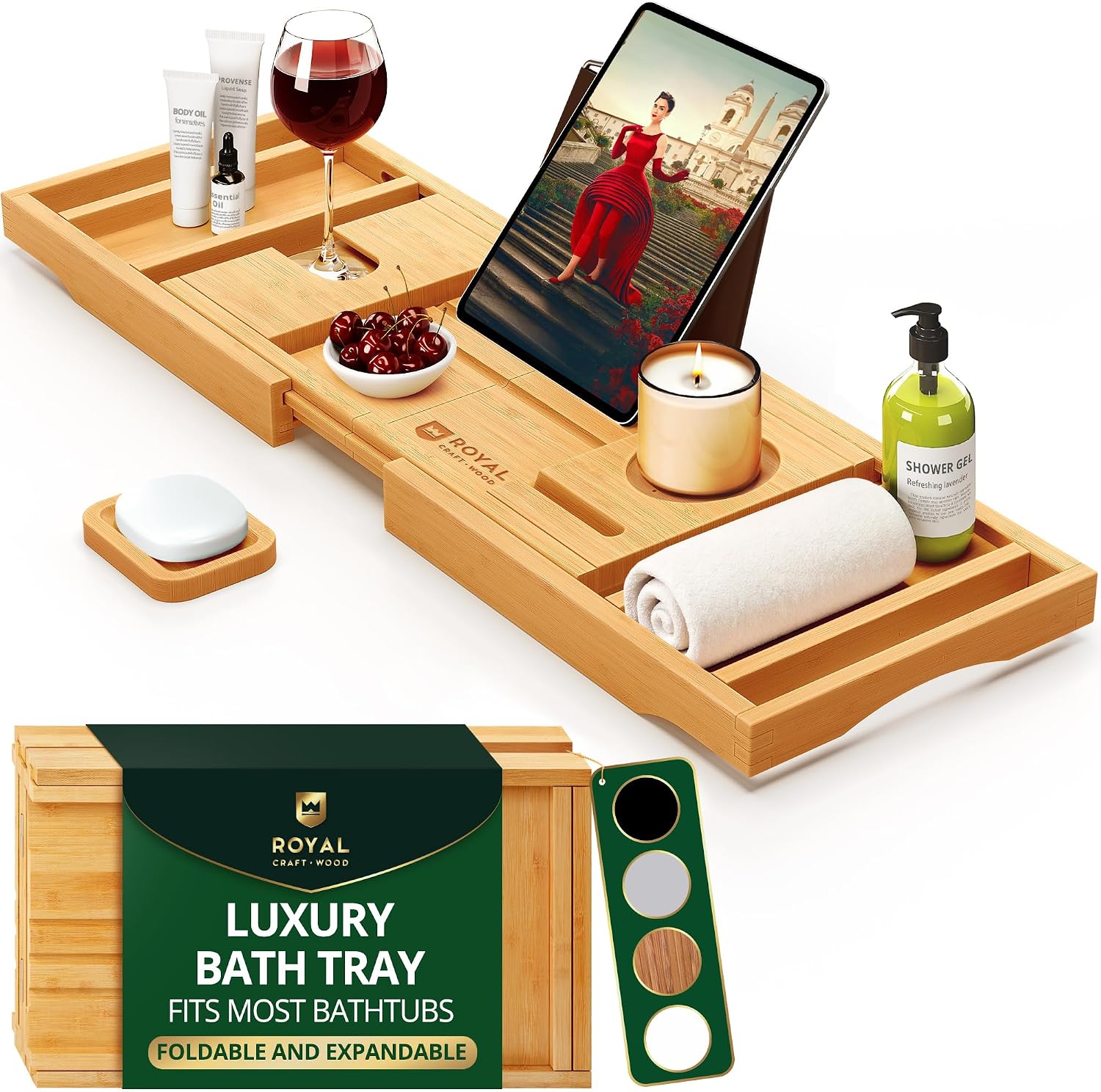 ROYAL CRAFT WOOD Foldable Expandable Bamboo Bathtub Tray Caddy