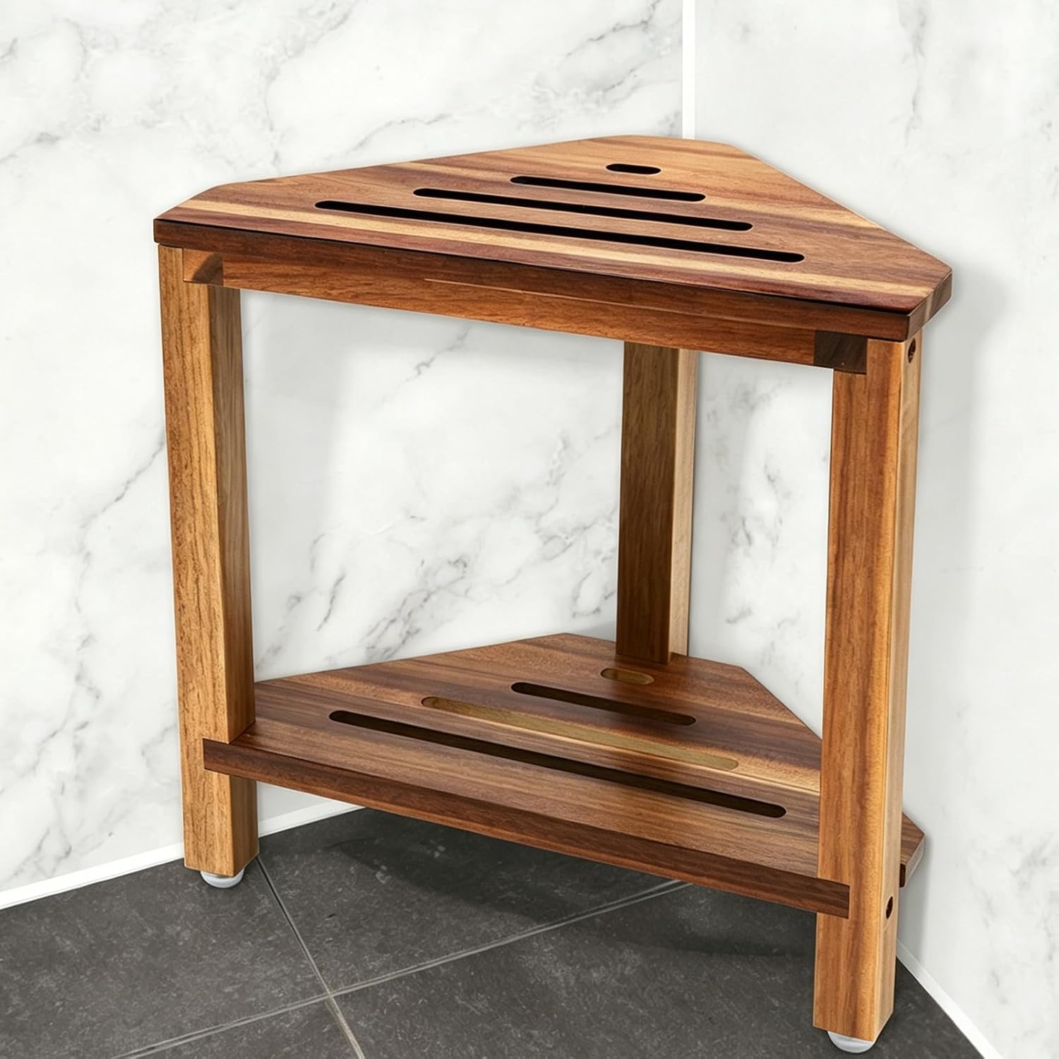 IBosins 14 Inch Corner Shower Stool with Storage Shelf, Natural Finish