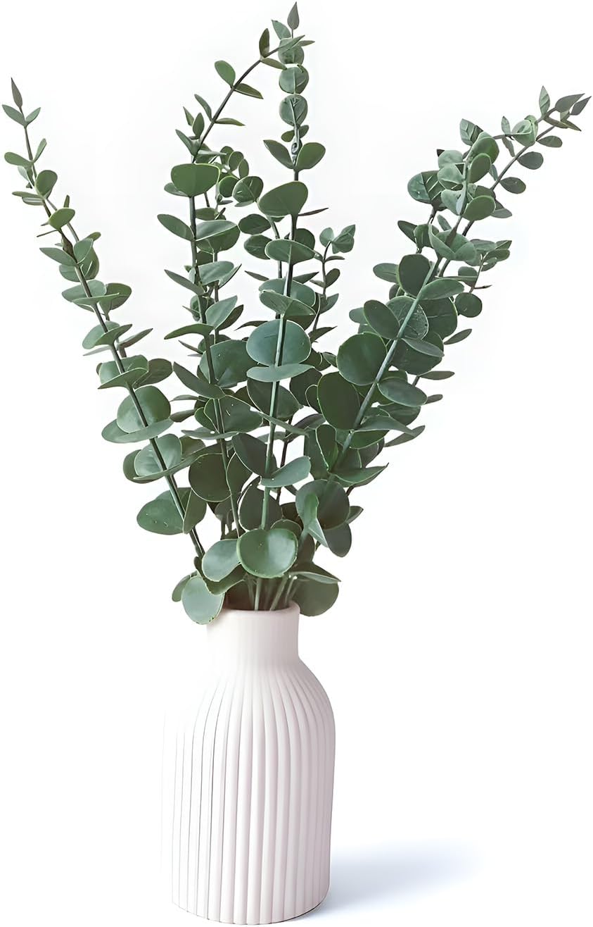 Faux Eucalyptus Stems in Ceramic Vase for Bathroom Counter Decor