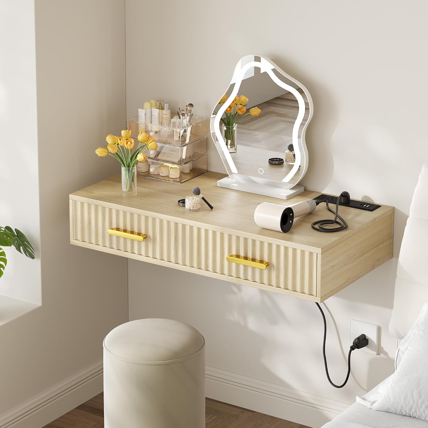 31.5 Inch Floating Fluted Vanity Desk with Drawers and Power Outlet