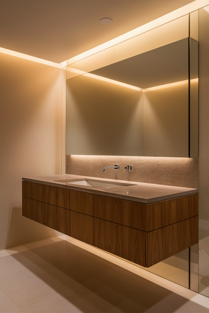 Stunningly modern bathroom design featuring an elegant floating vanity