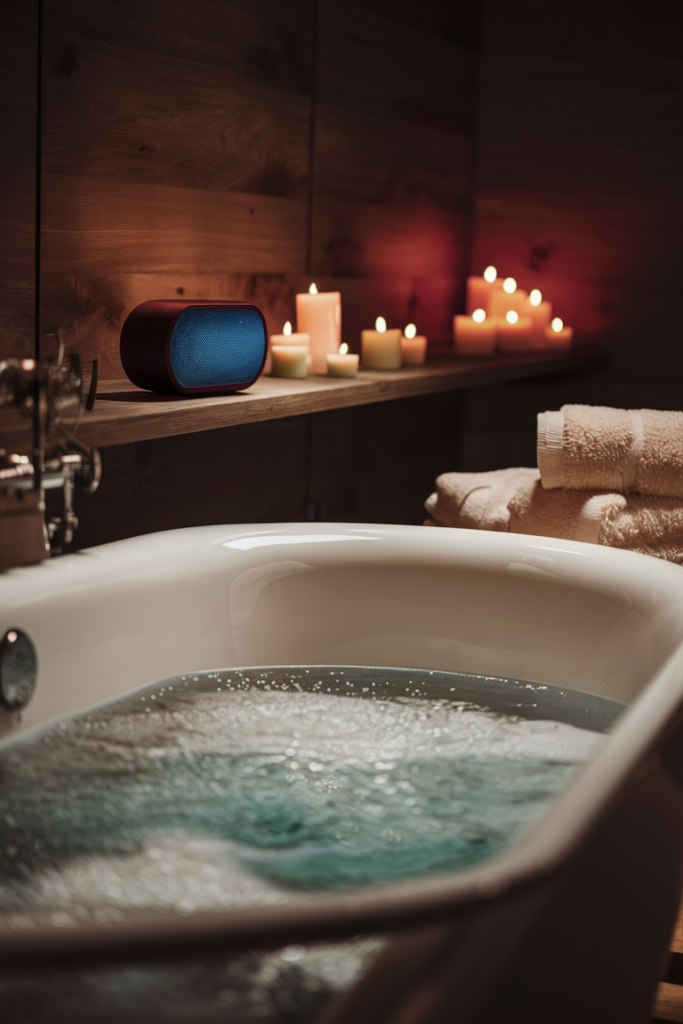 Serene luxurious spa-inspired bathroom with calming soundscapes