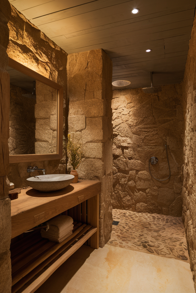 Serene stylish bathroom design with natural stone and wood elements