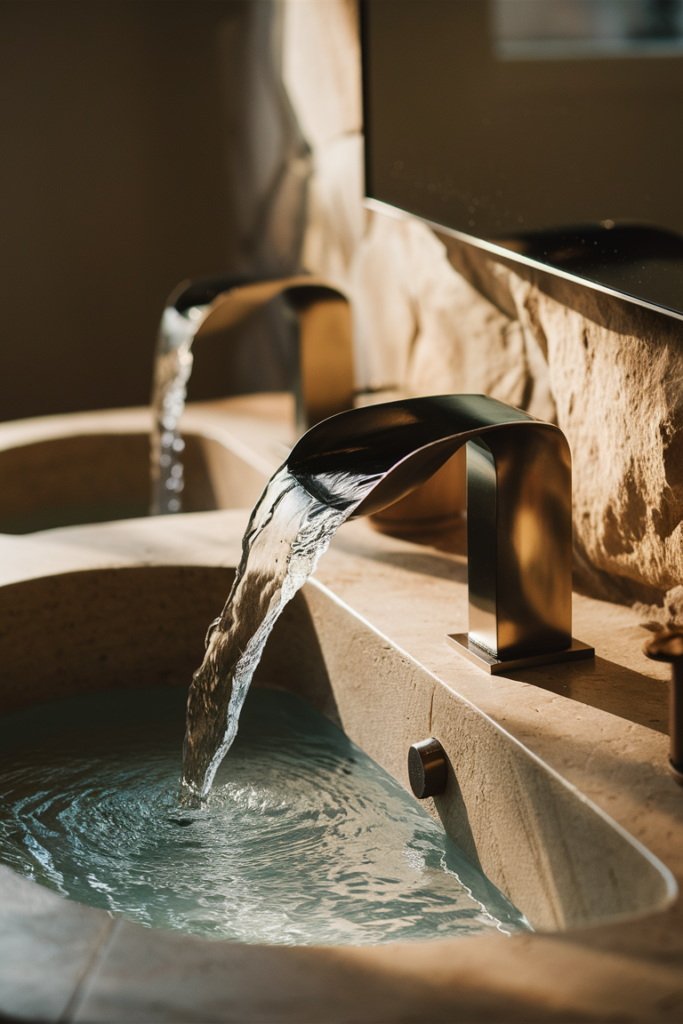 Stunning close-up of a modern waterfall faucet in a luxury bathroom