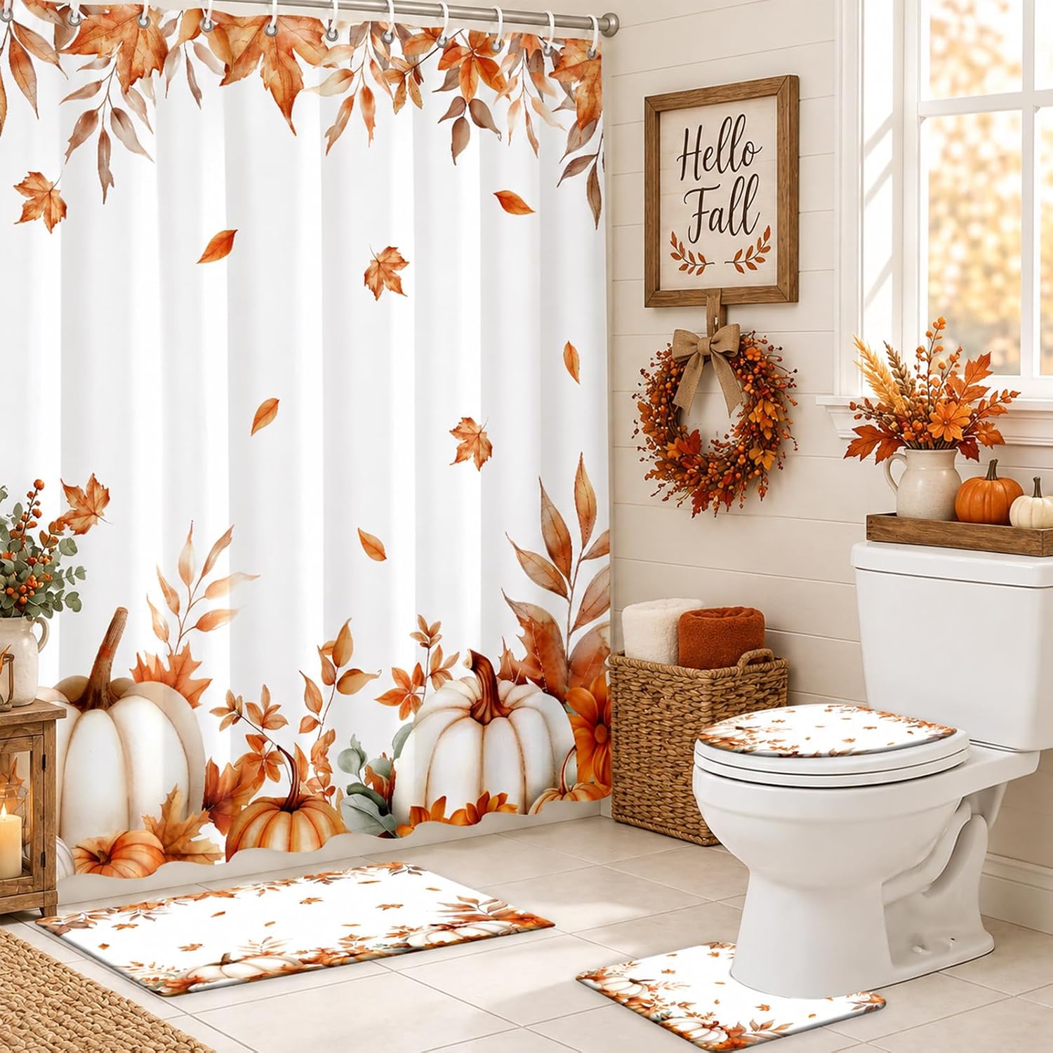 MEHOFOND 4 Piece Fall Shower Curtain Set, Watercolor Pumpkin Bathroom Decor